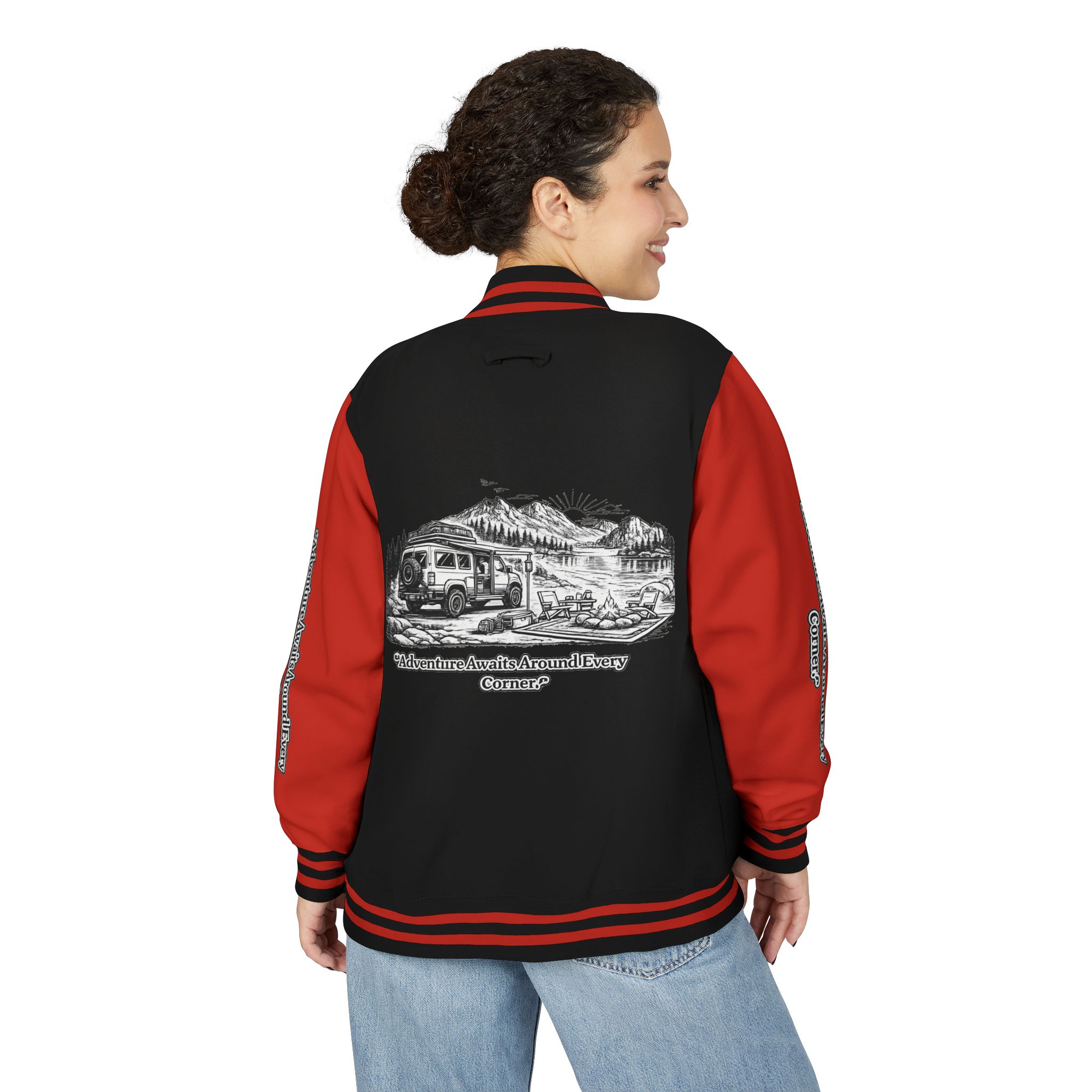 Unisex Heavyweight Letterman Jacket — "Adventure Awaits Around Every Corner" Travel Varsity Coat