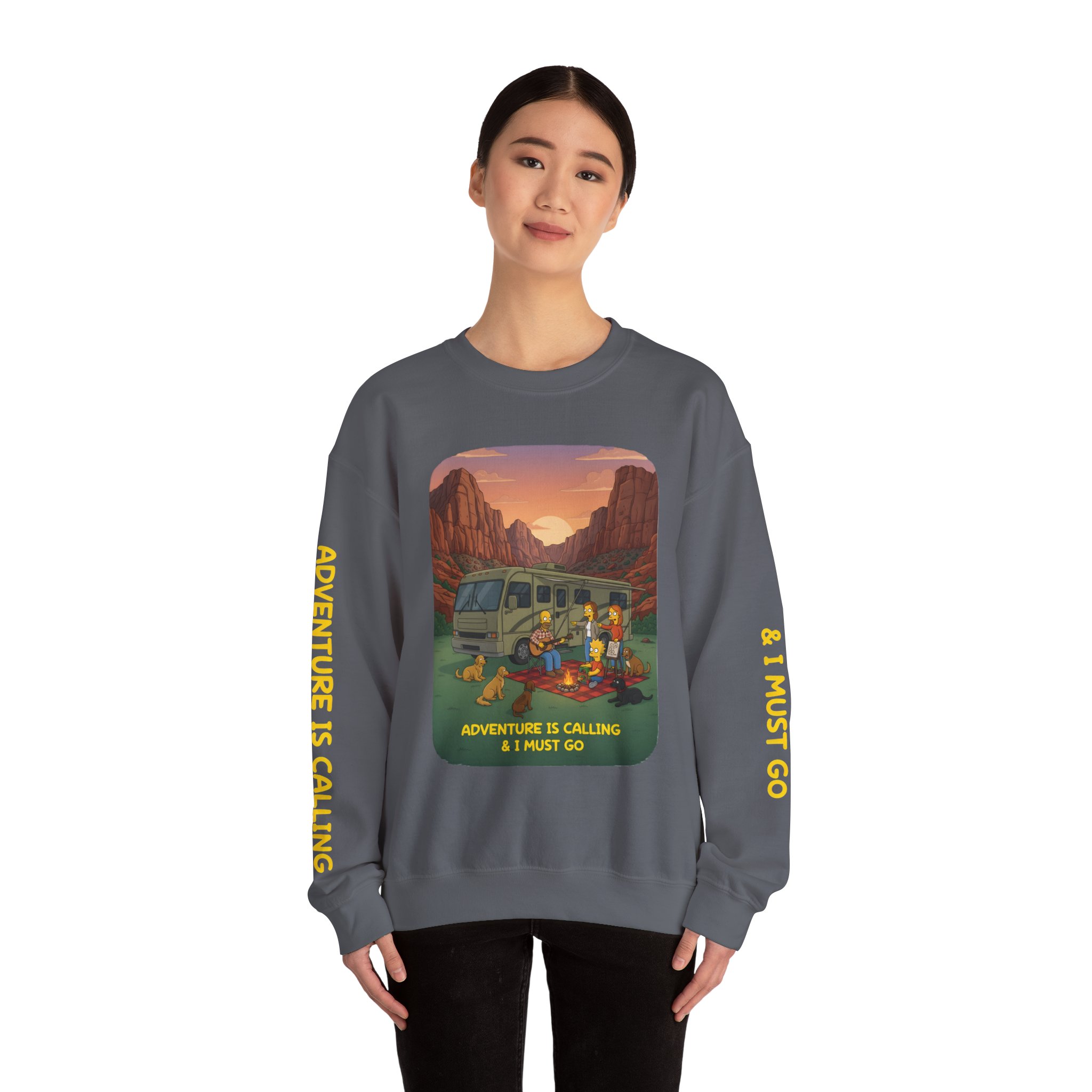 Unisex Heavy Blend™ Crewneck Sweatshirt — "Adventure Is Calling-I Must Go" Design Sitcom-Line