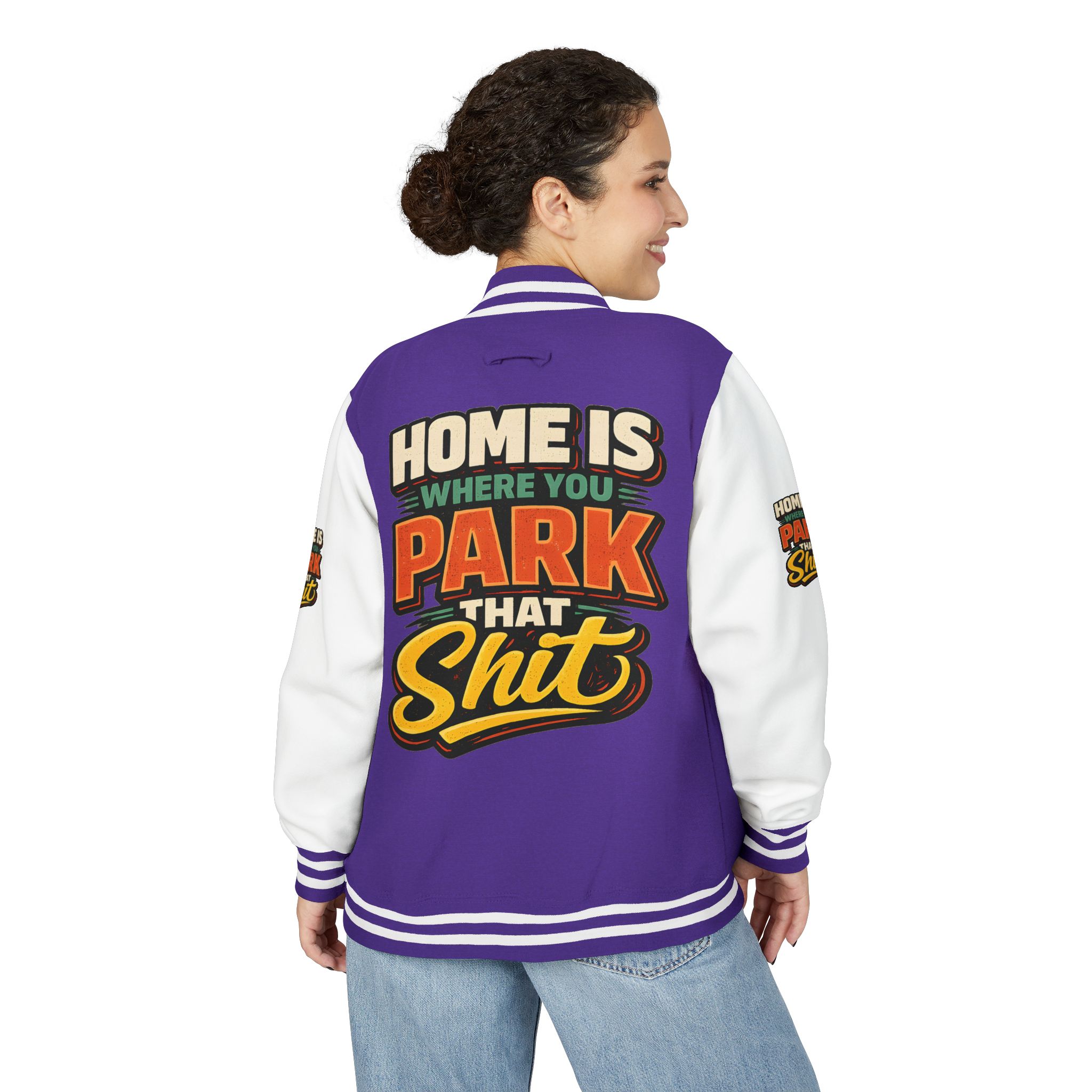 7725919783490756205_2048-2.jpeg Unisex Heavyweight Letterman Jacket — "Home Is Where You Park That Shit" Design F**K-Line