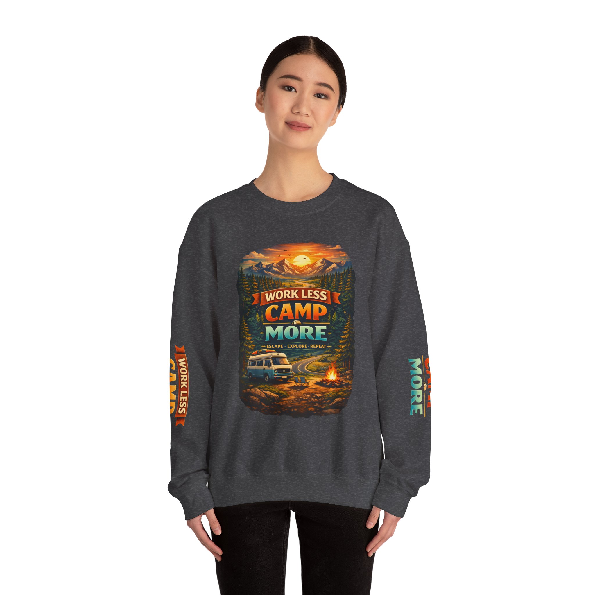 Unisex Heavy Blend™ Crewneck Sweatshirt — "Work Less-Camp More" Design Scenic-Line