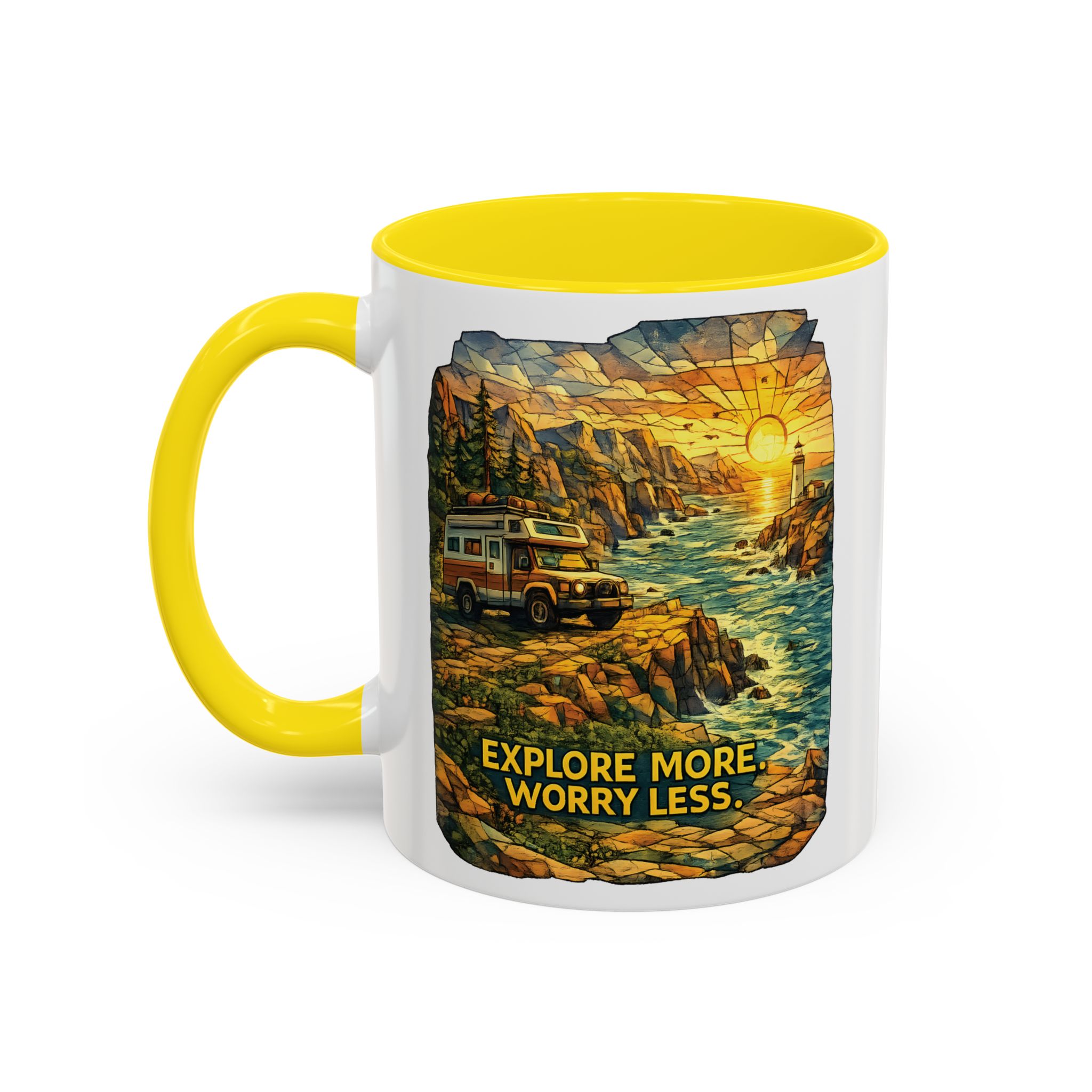 Accent Coffee Mug (11, 15oz) — "Explore More Worry Less" Design Cubic-Line