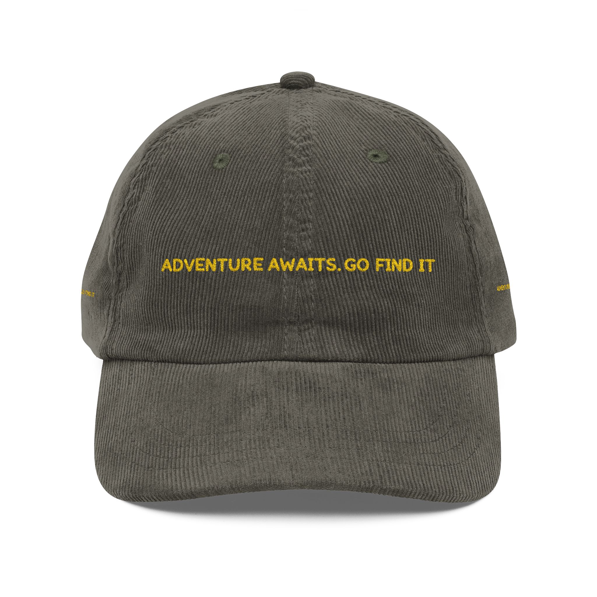 Vintage Corduroy Cap (Embroidery) — "Adventure Awaits, Go Find It" Embroidered Hat