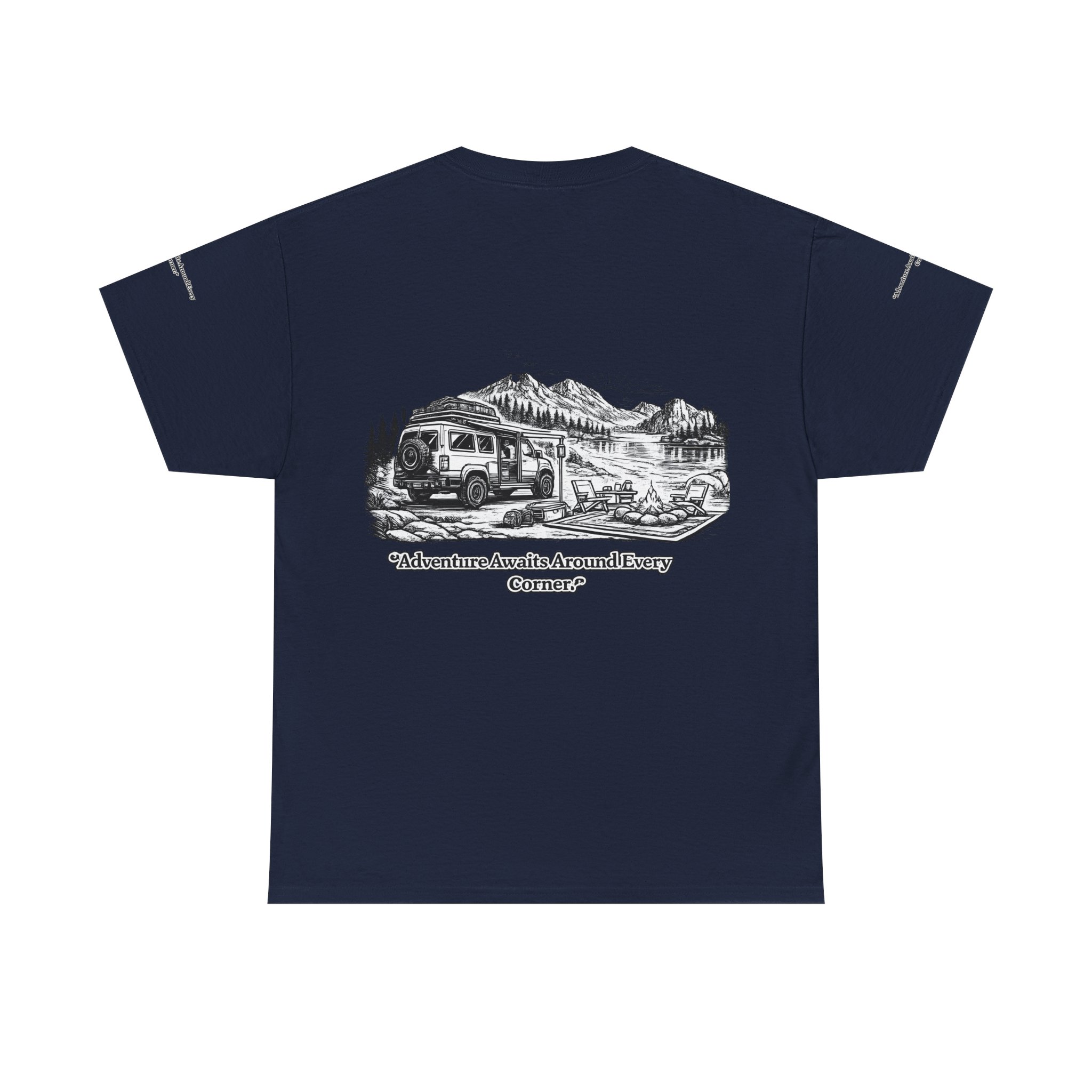 Unisex Heavy Cotton Tee — "Adventure Awaits Around Every Corner" Design Minimal-Line