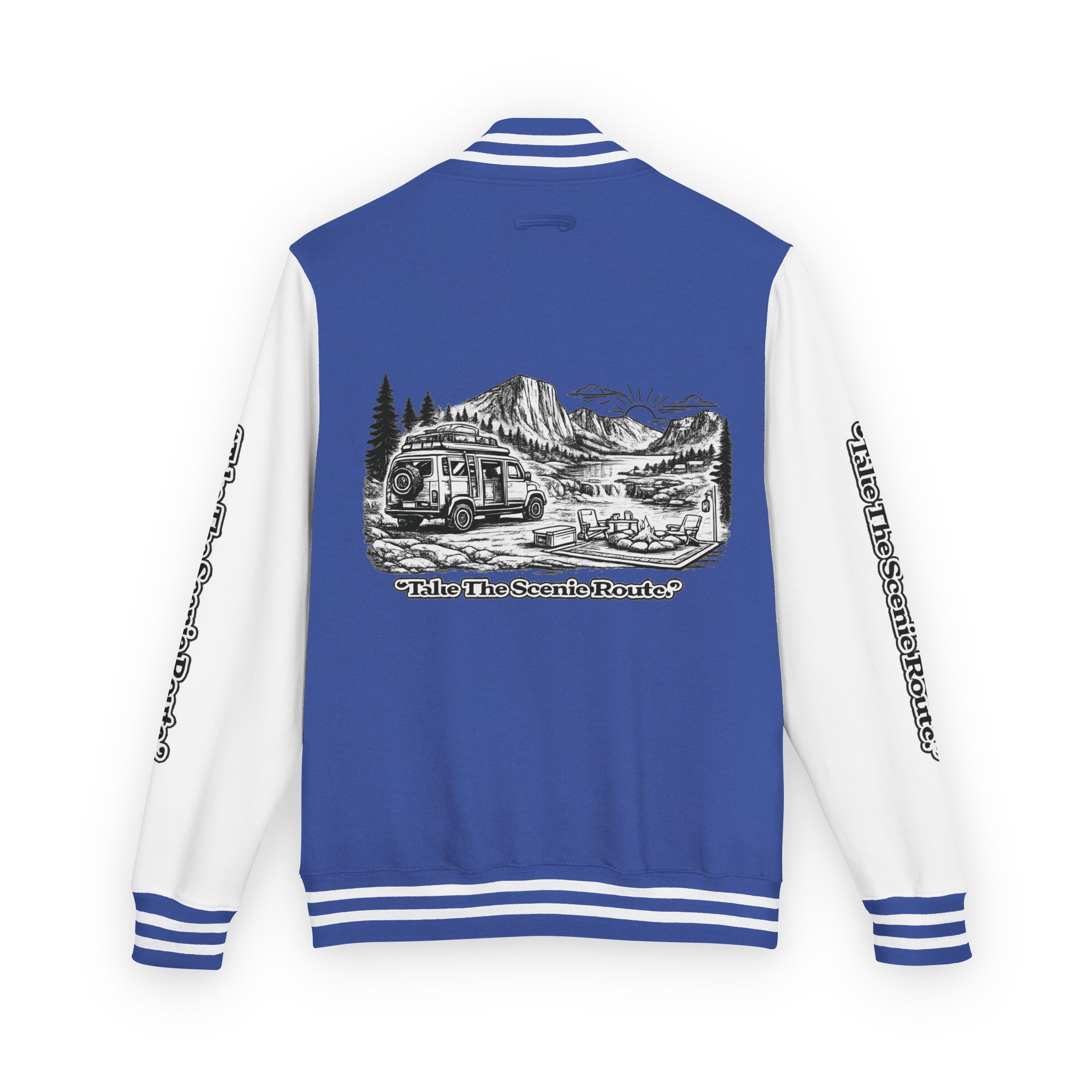 Unisex Heavyweight Letterman Jacket — "Take The Scenic Route" Travel Varsity Coat