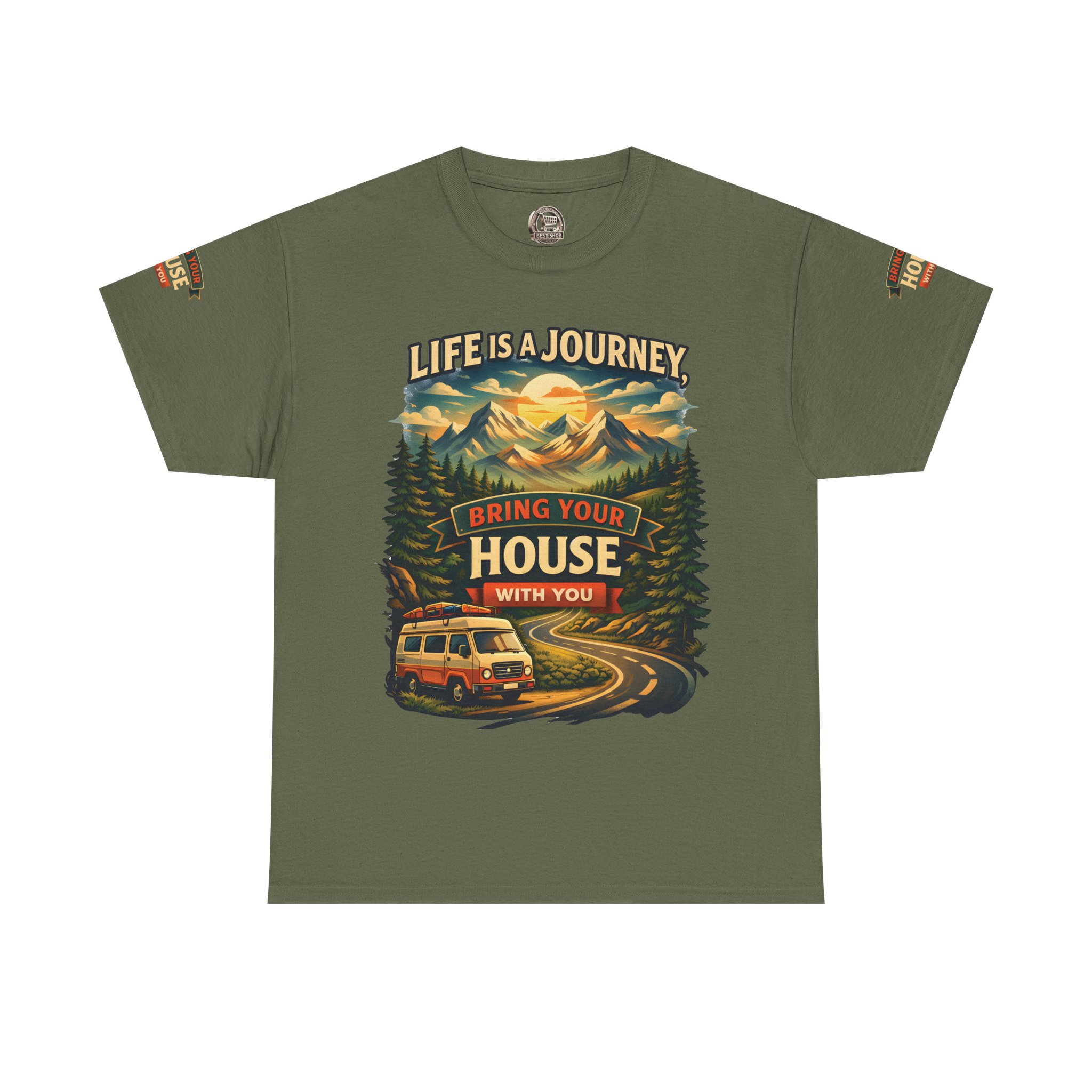 7770732246573008066_2048.jpeg Unisex Heavy Cotton Tee — "Live Is A Journey-Bring Your House With You" Design Scenic-Line