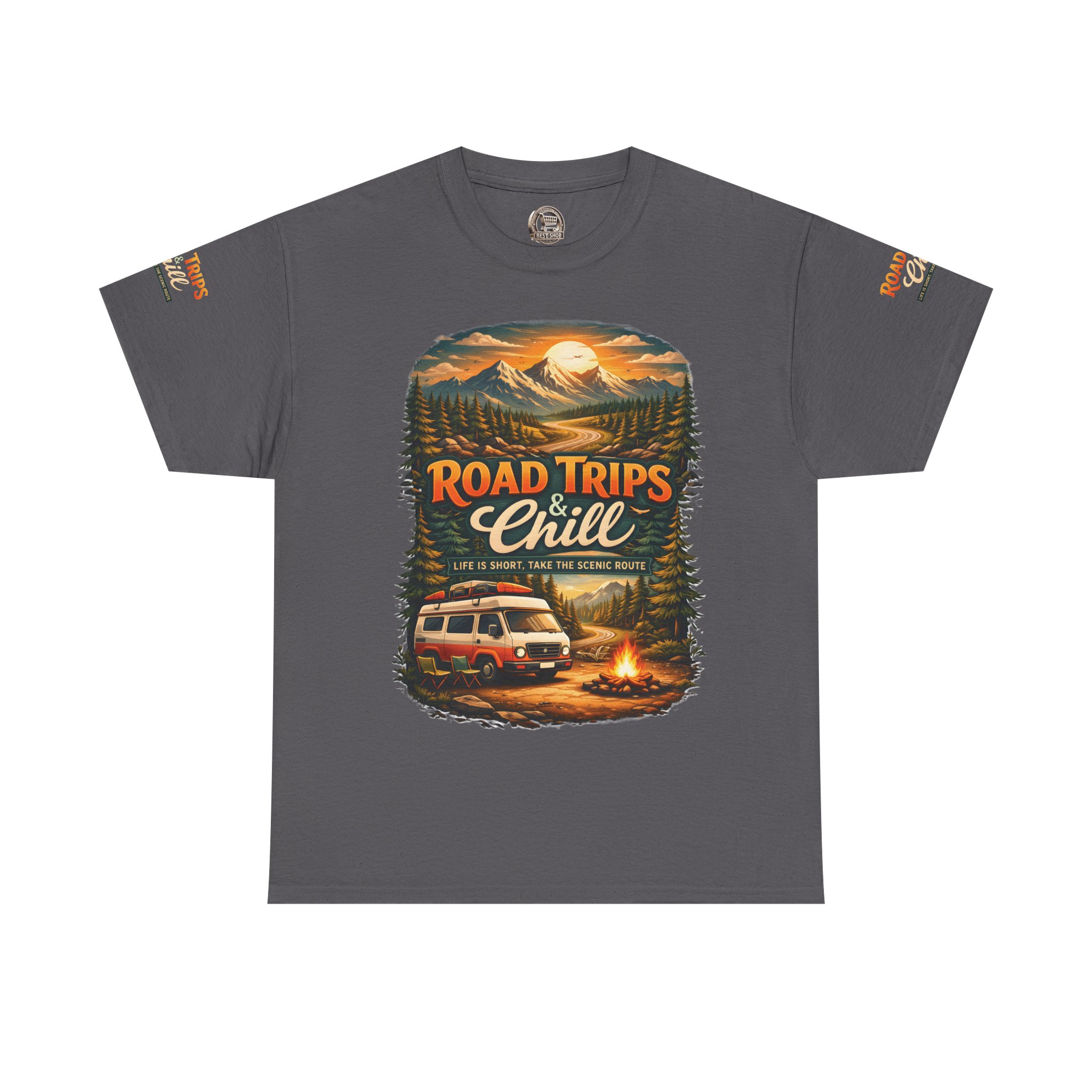 Unisex Heavy Cotton Tee — "Road Trips & Chill" Design Scenic-Line