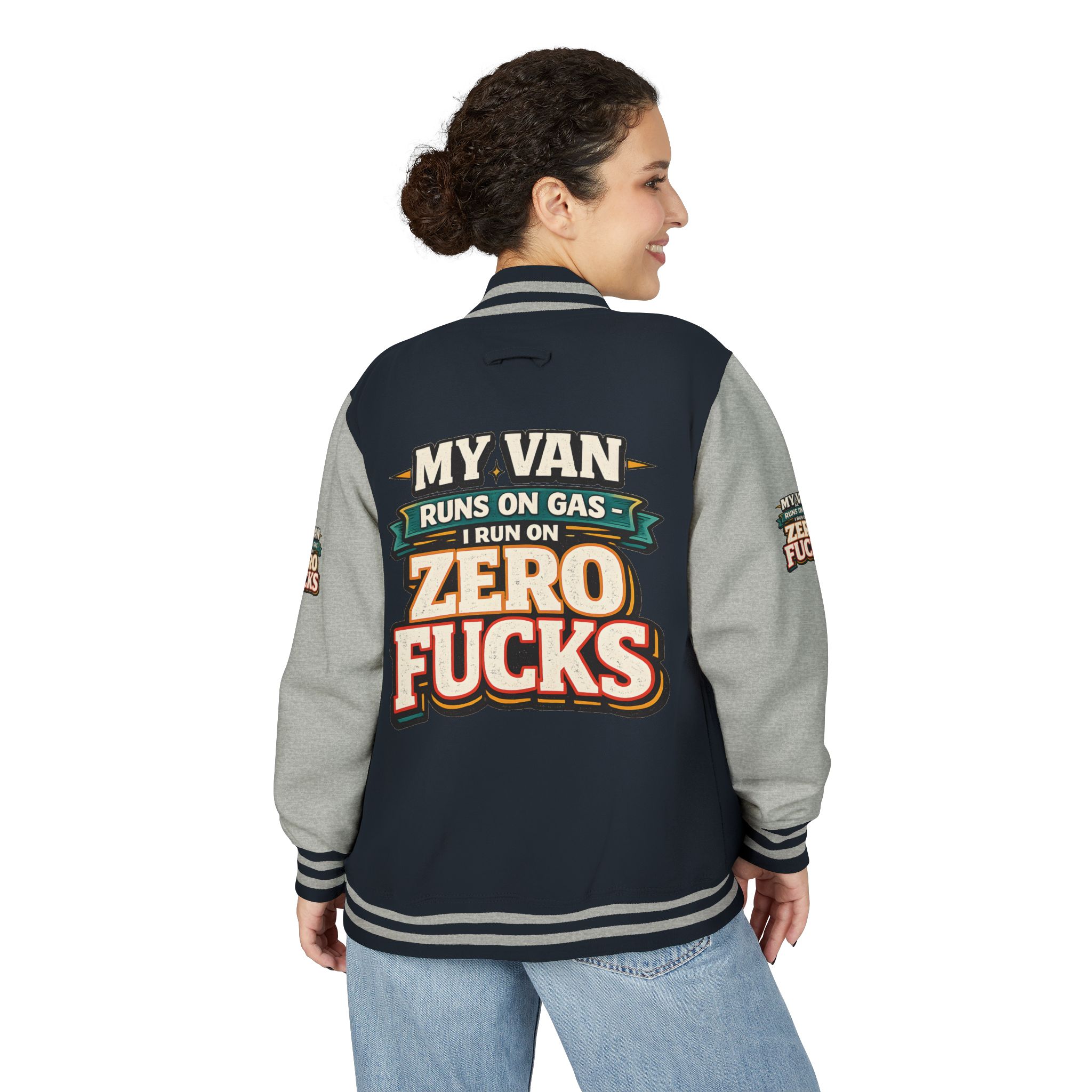 Unisex Heavyweight Letterman Jacket — "My Van Runs On Gas" Design F**K-Line
