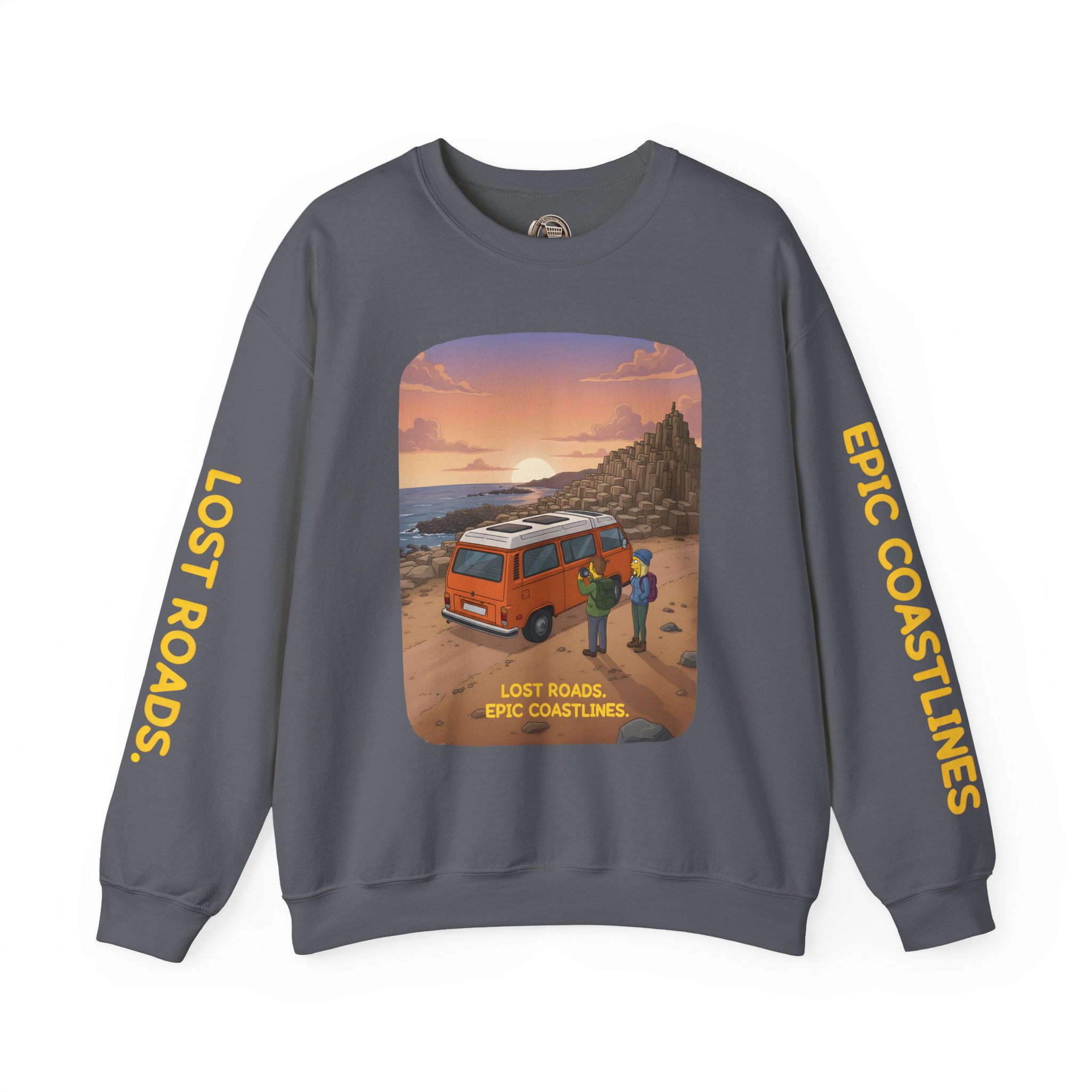 Unisex Heavy Blend™ Crewneck Sweatshirt — "Lost Roads Epic Coastlines" Design Sitcom-Line