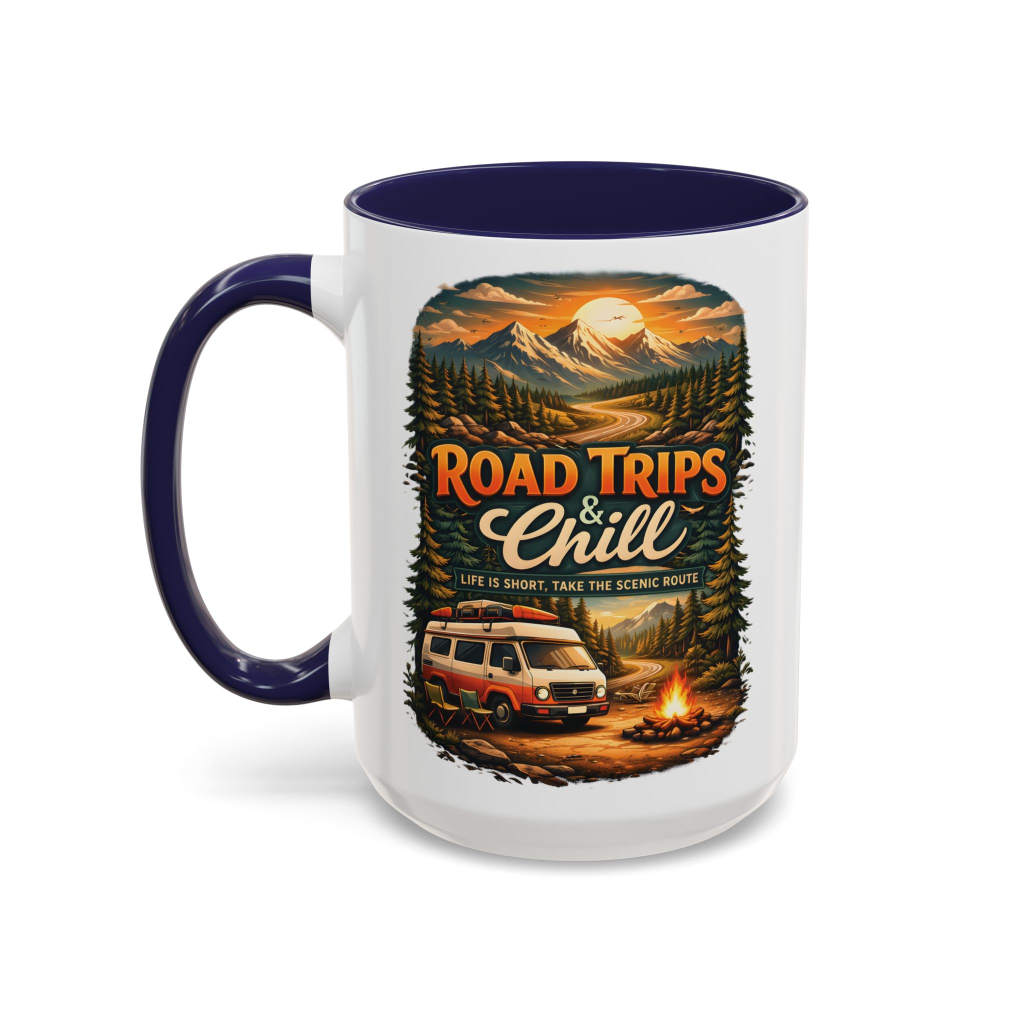 Accent Coffee Mug (11, 15oz) — "Road Trips & Chill" Design Scenic-Line