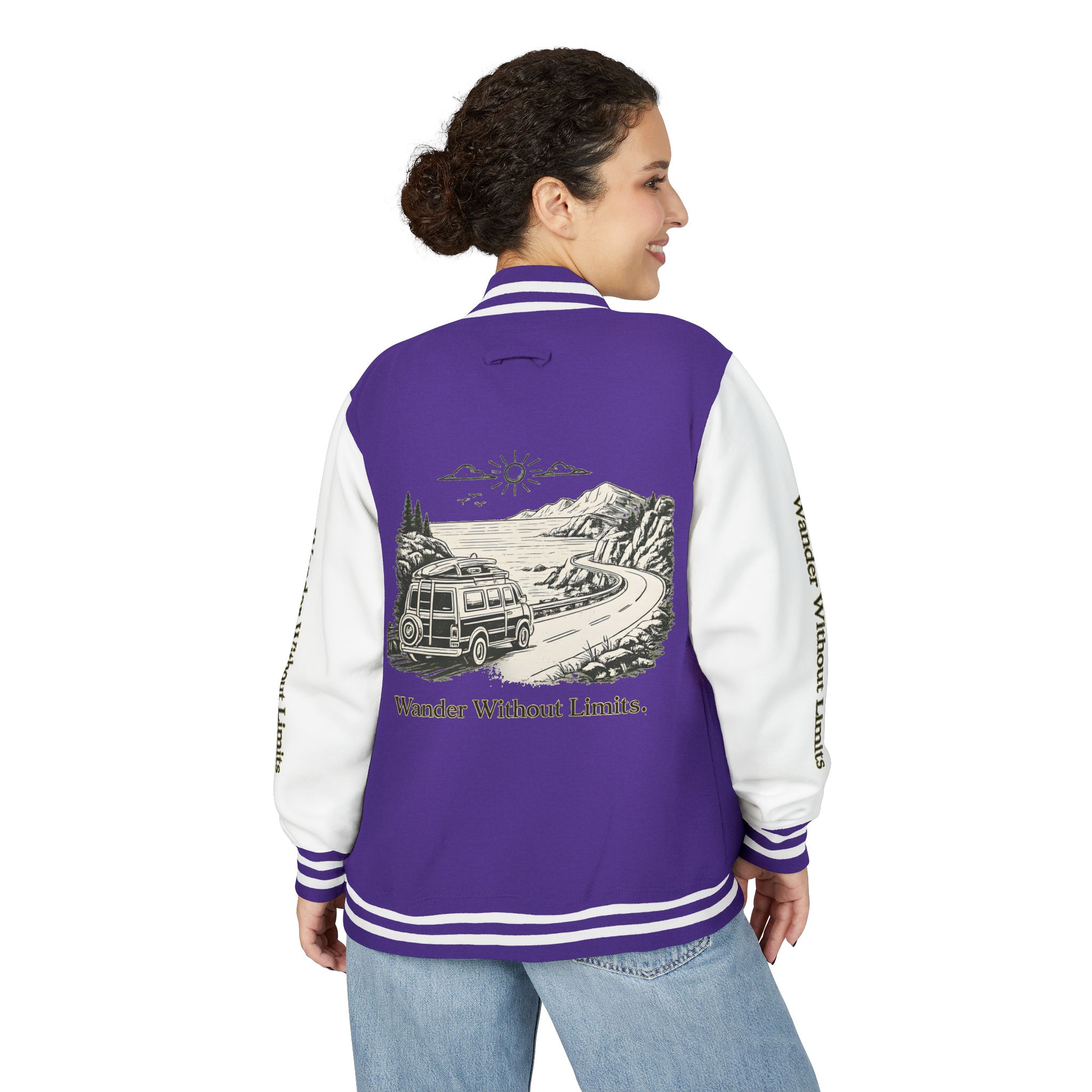 Unisex Heavyweight Letterman Jacket — "Wander Without Limits" Travel Varsity Coat