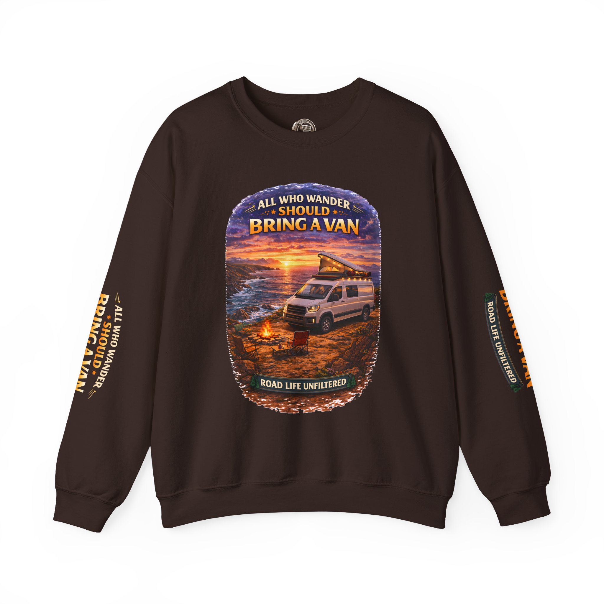 Unisex Heavy Blend™ Crewneck Sweatshirt — "All Who wander Should Bring A Van" Design Scenic-Line