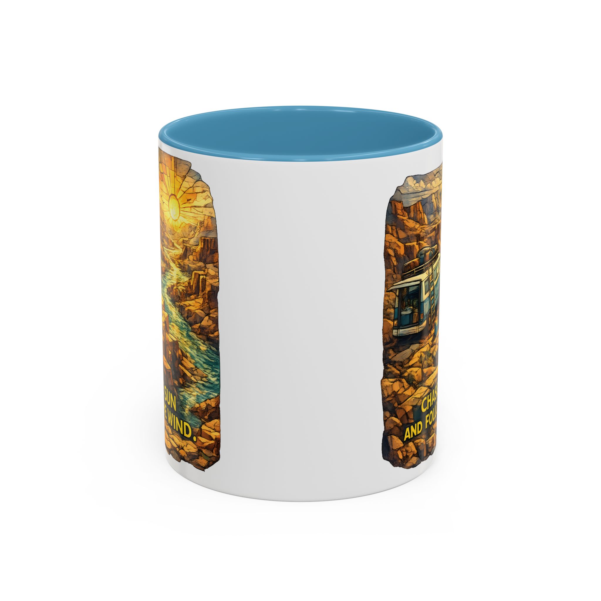 Accent Coffee Mug (11, 15oz) — "Chase The Sun And Follow The Wind" Design Cubic-Line