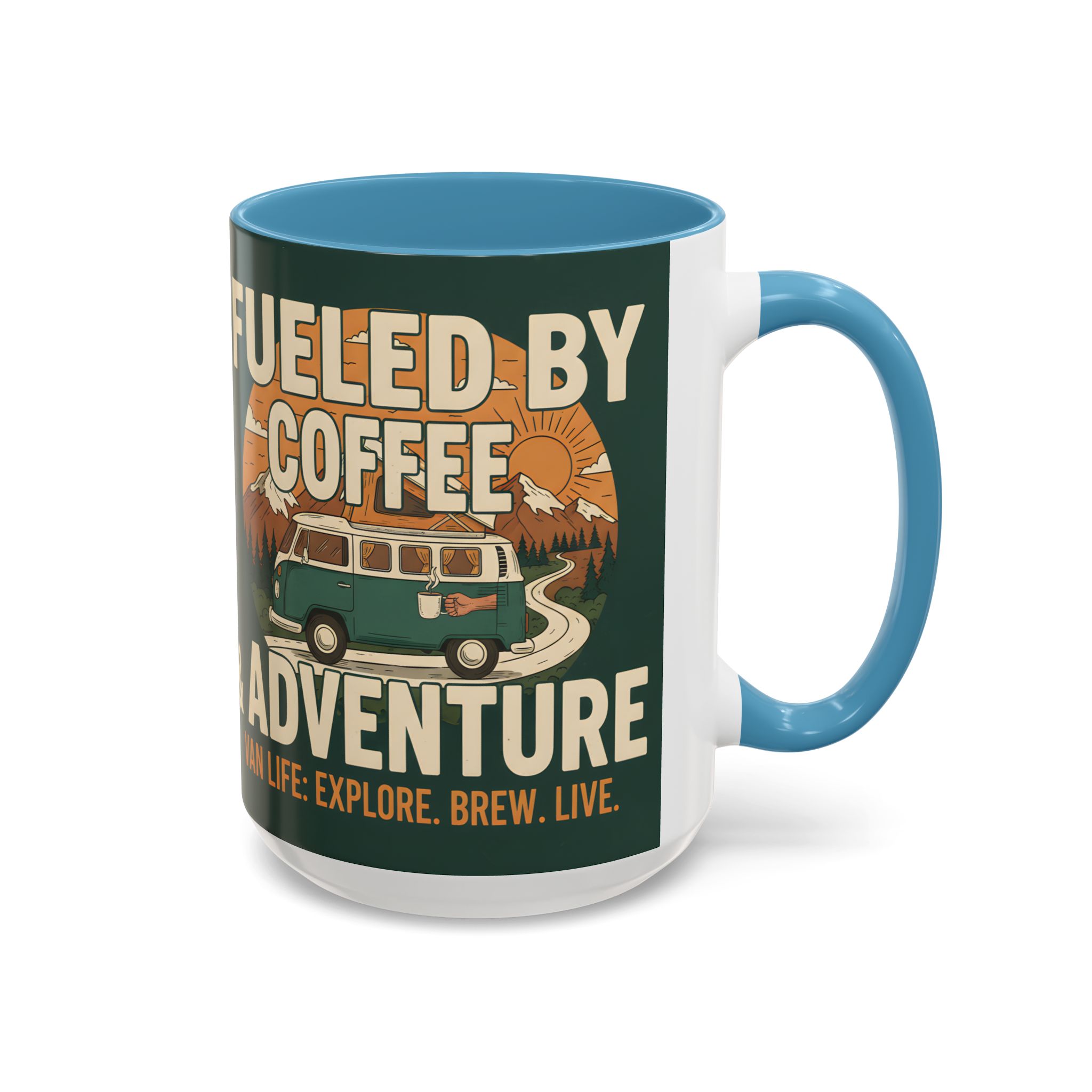 Accent Coffee Mug (11, 15oz) — "Fueled by Coffee & Adventure"