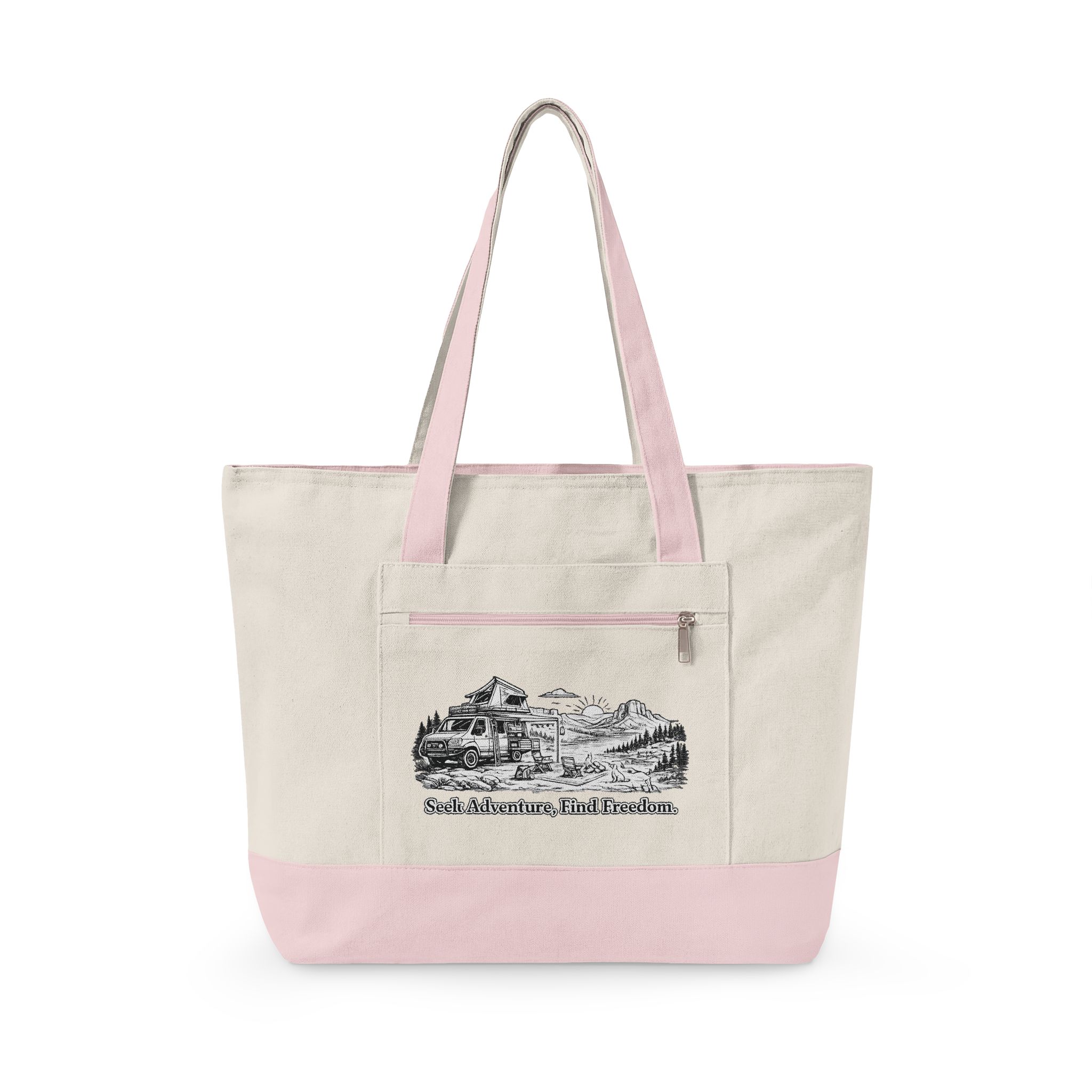 Zippered Canvas Tote — "Seek Adventure, Find Freedom" (Design Minimal-Line)