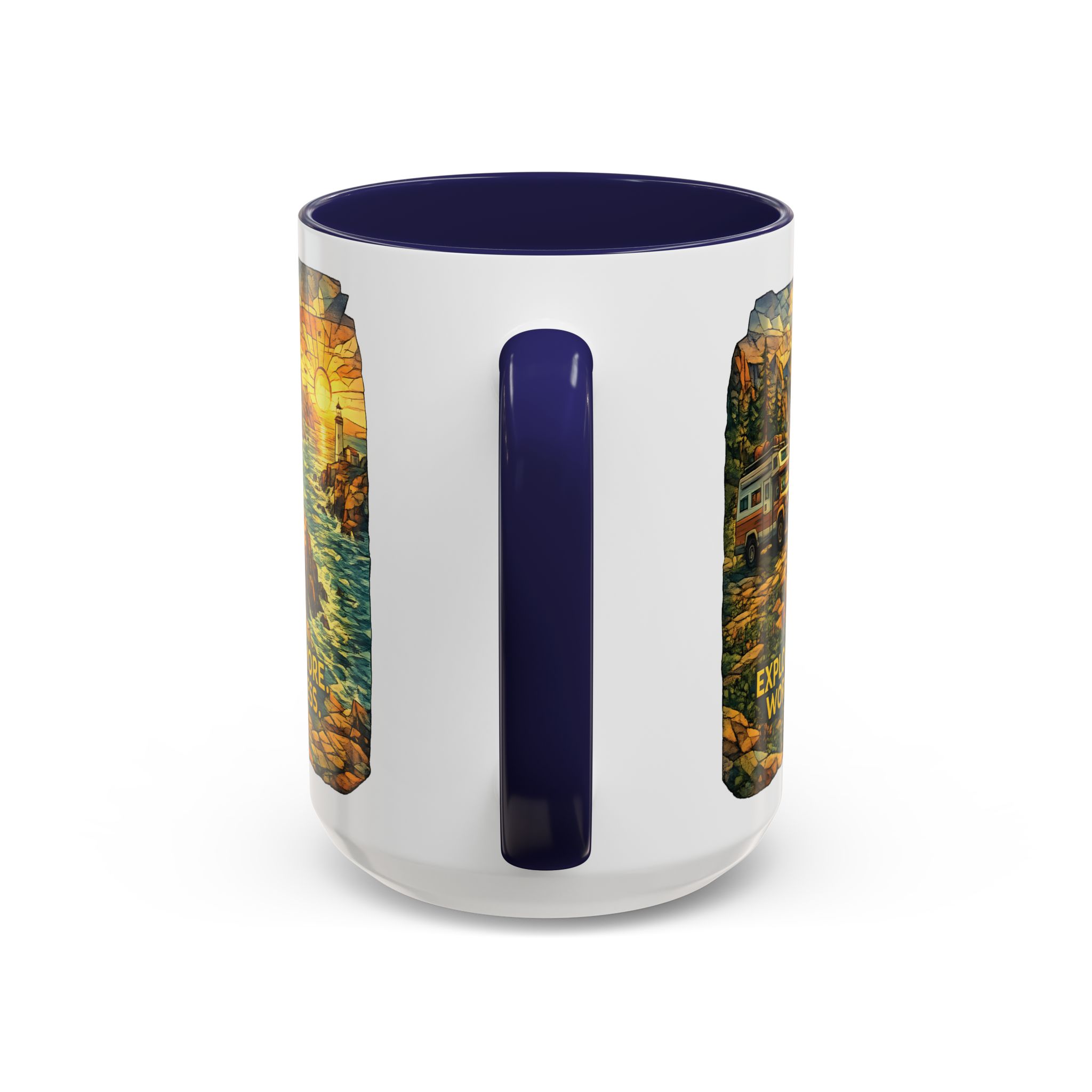 Accent Coffee Mug (11, 15oz) — "Explore More Worry Less" Design Cubic-Line