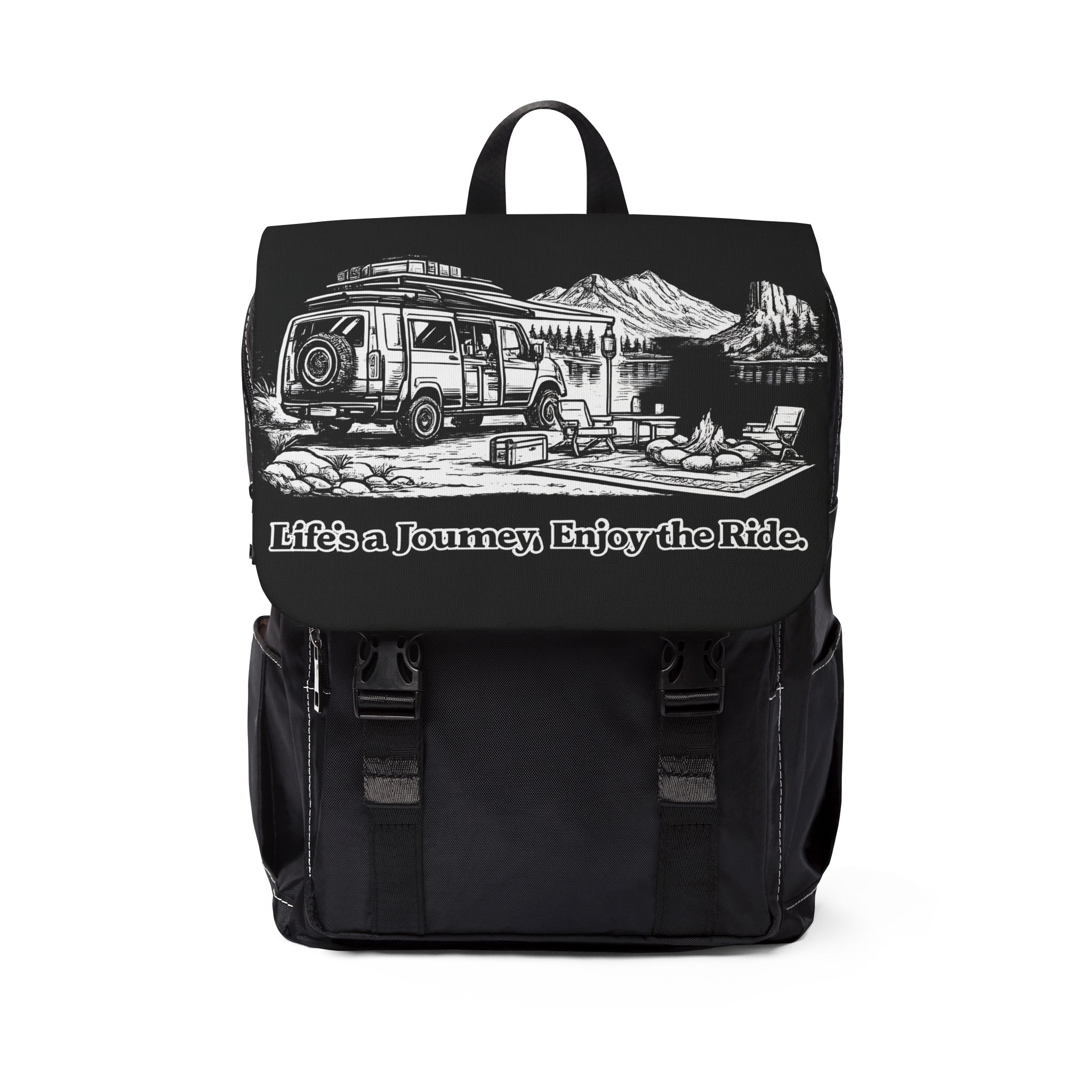 Unisex Casual Shoulder Backpack — "Lifes A Journey,Enjoy The Ride" Design Minimal-Line