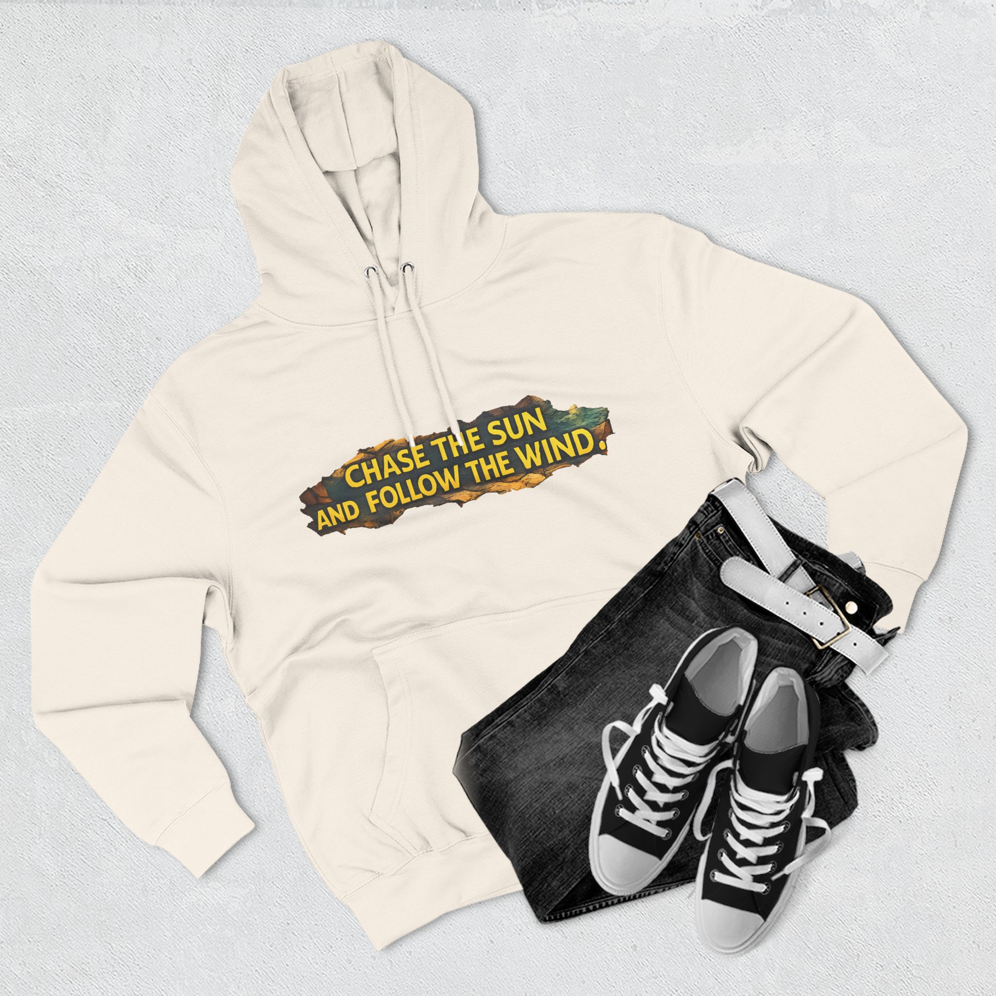 Three-Panel Fleece Hoodie - "Chase The Sun And Follow The Wind" Design Cubic-Line