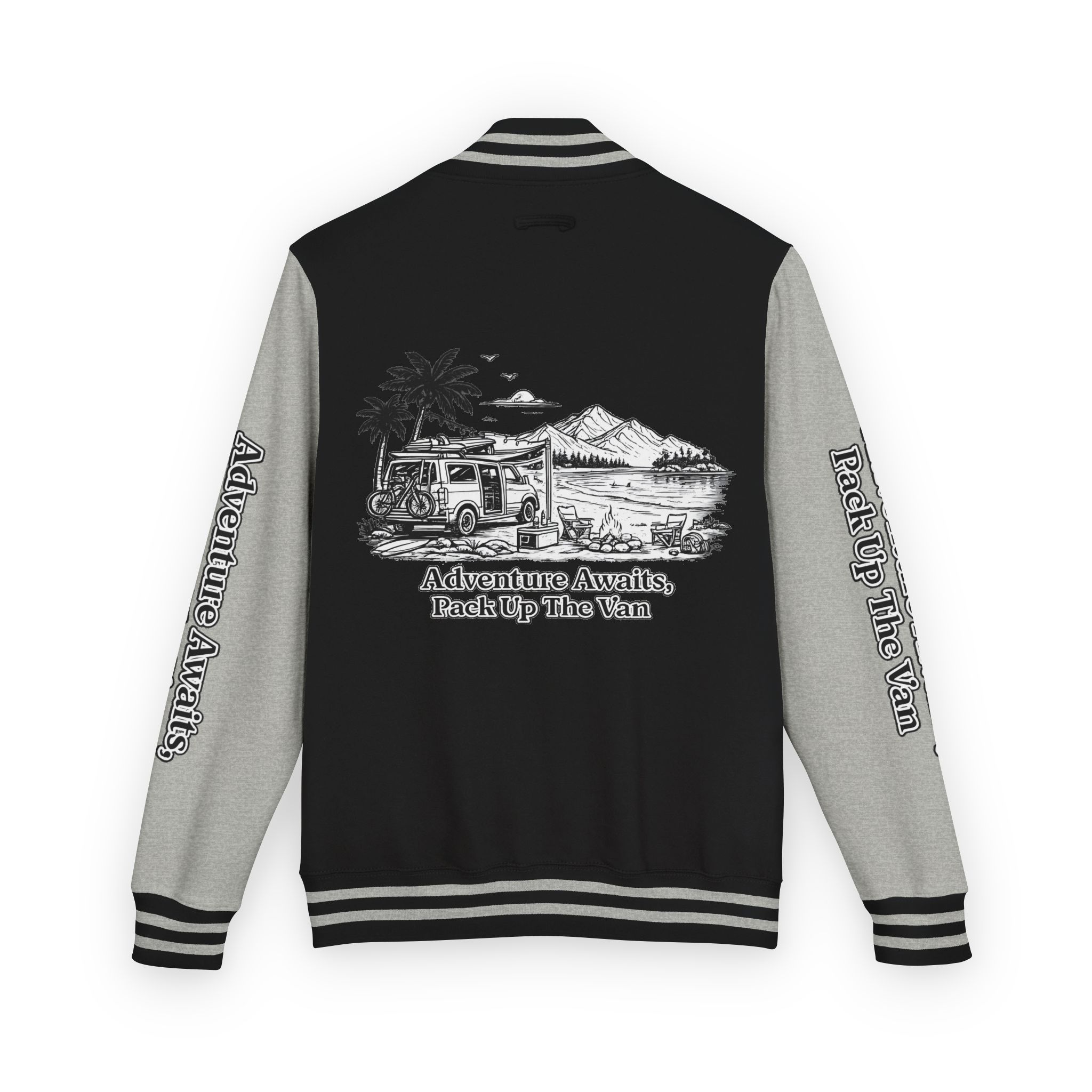 Unisex Heavyweight Letterman Jacket — "Adventure Awaits,Pack Up The Van" Travel Varsity Coat
