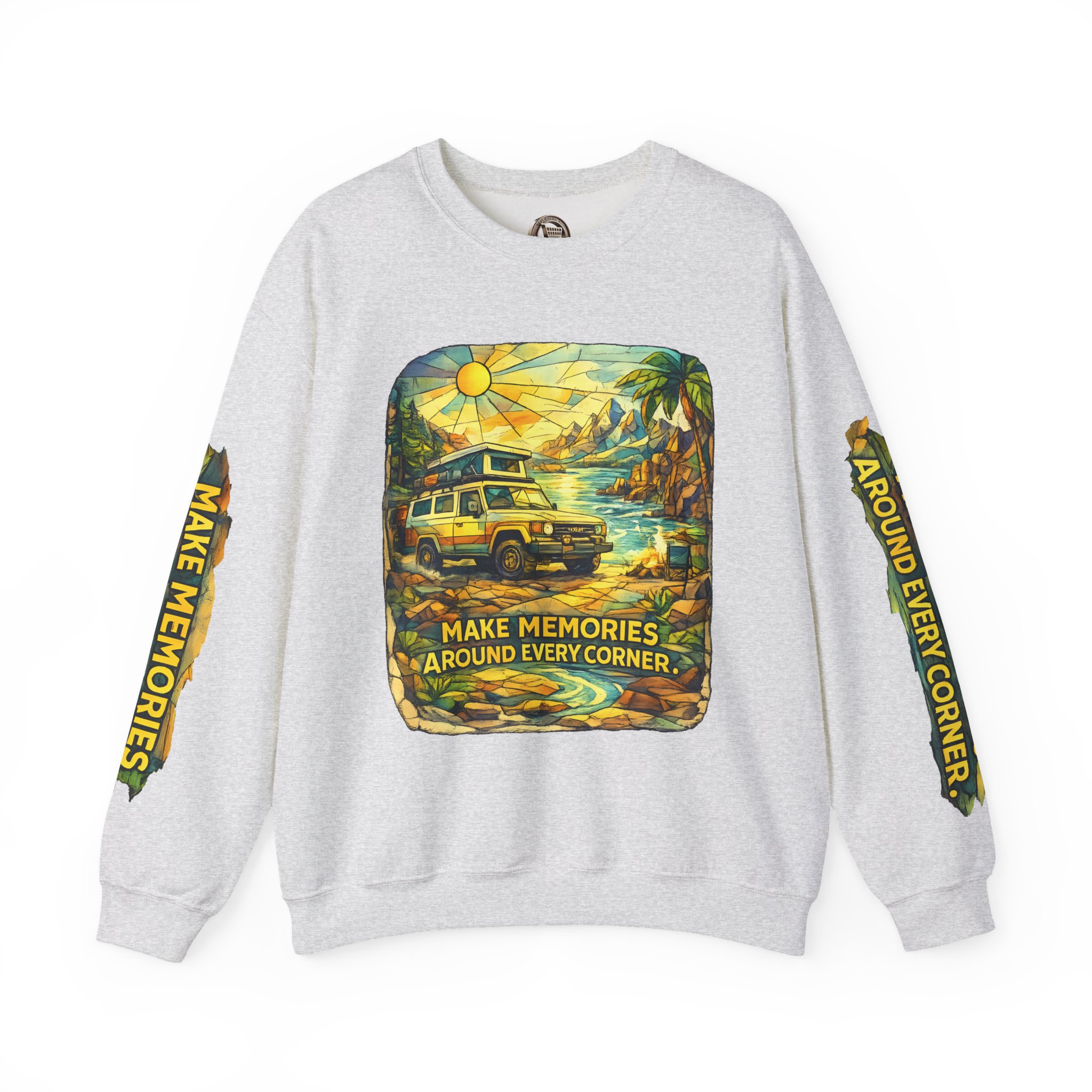 Unisex Heavy Blend™ Crewneck Sweatshirt — "Make Memories Around Every Corner" Design Cubic-Line