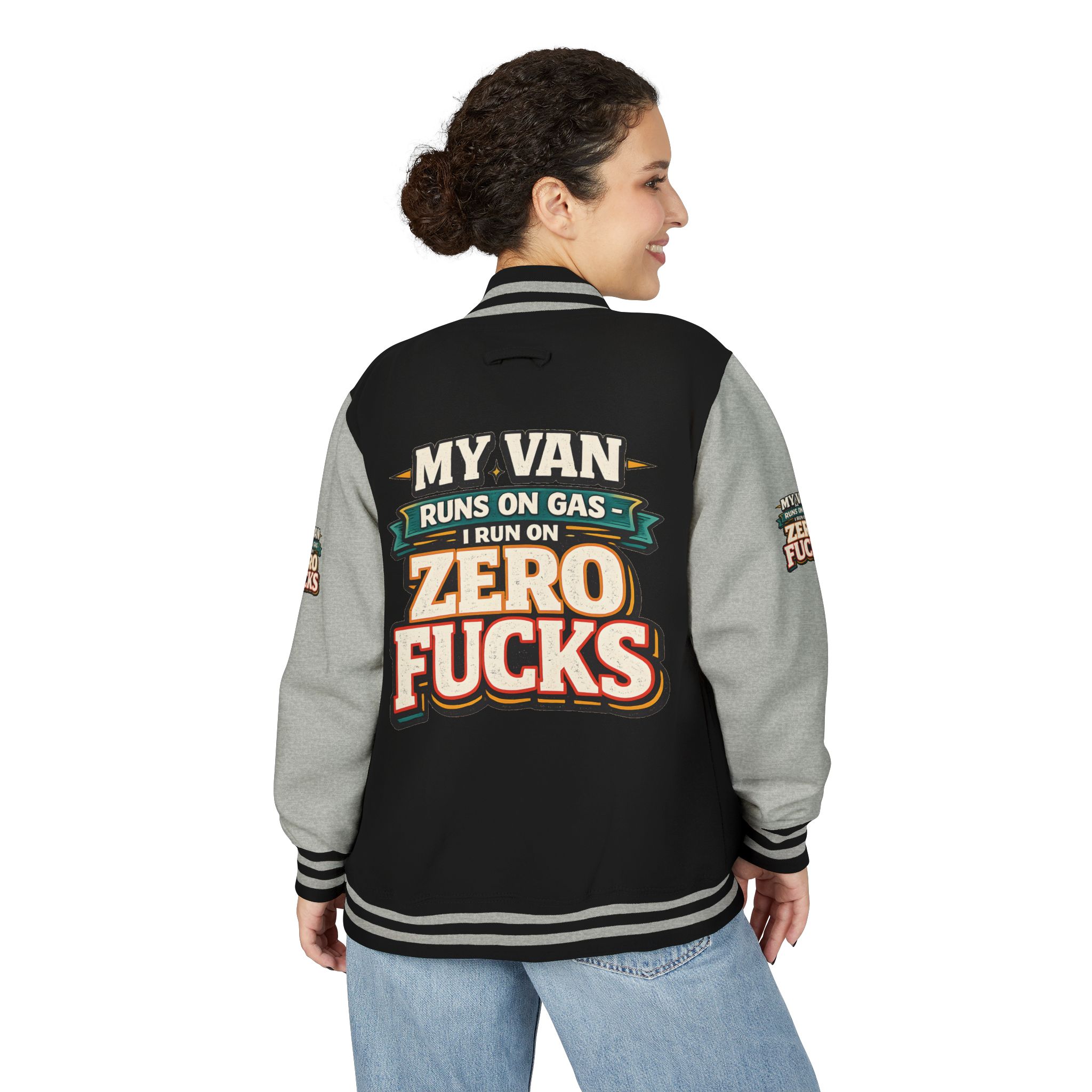 Unisex Heavyweight Letterman Jacket — "My Van Runs On Gas" Design F**K-Line