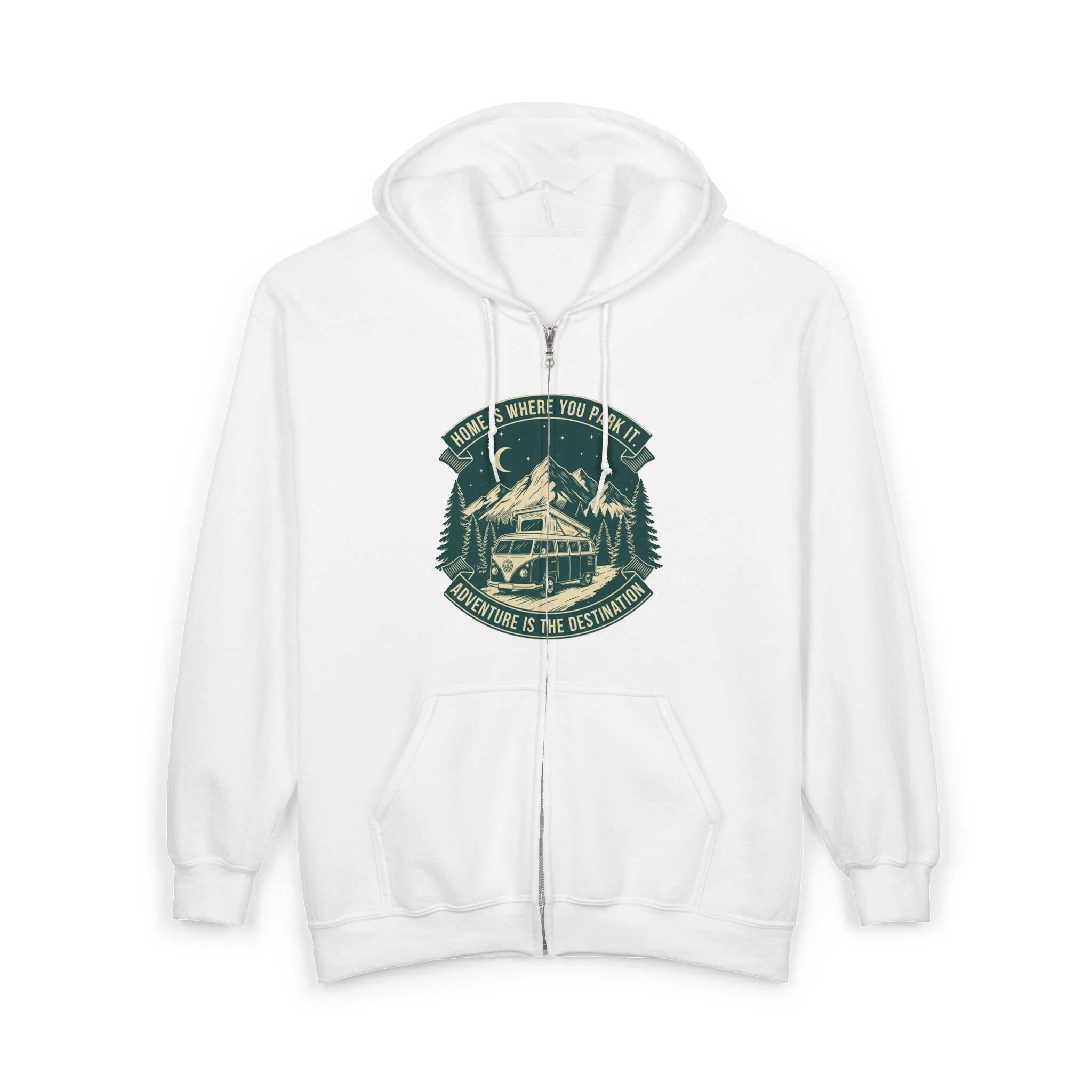 Zip Hoodie — "Home Is Where You Park It-Adventure is the destination"(Only Front Printed) Camper Van Adventure Zip-Up