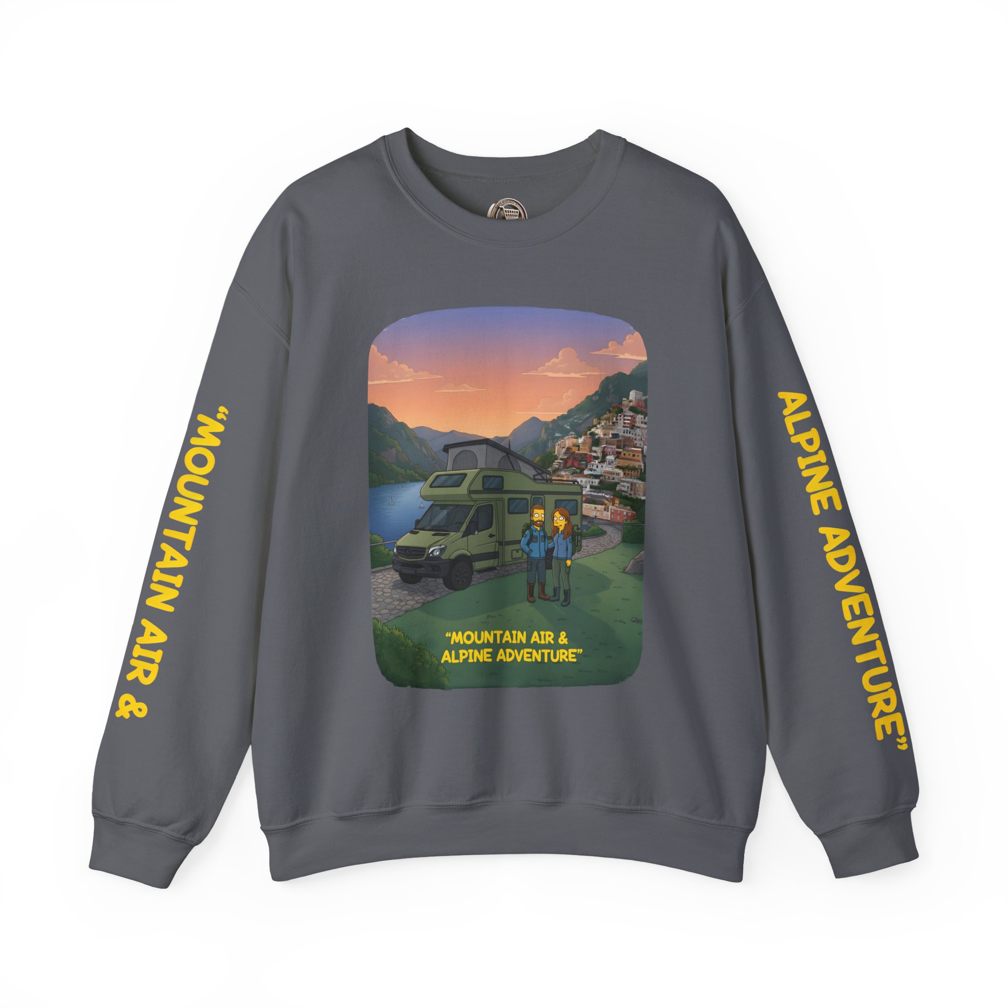 Unisex Heavy Blend™ Crewneck Sweatshirt — "Mountain Air And Alpine Adventure"" Design Sitcom-Line