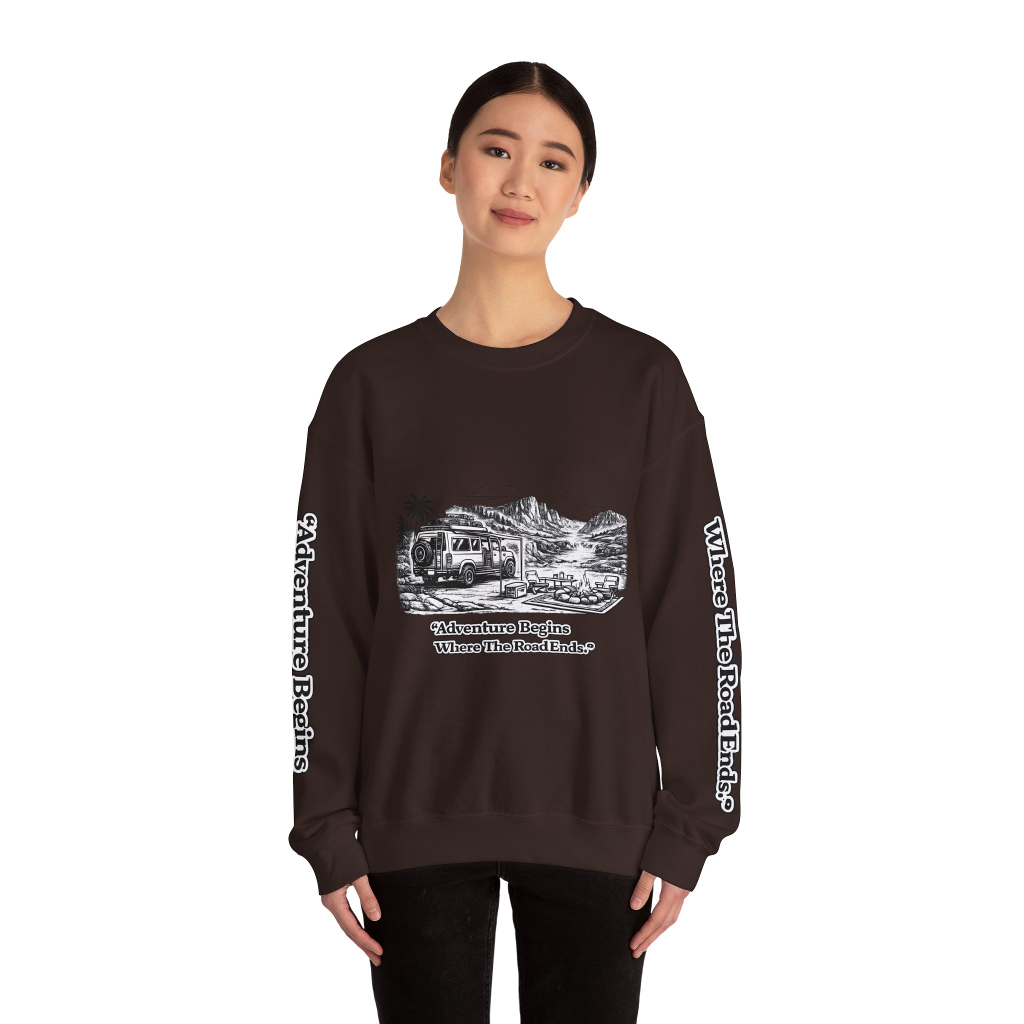 7877713044499983128_2048.jpeg Unisex Heavy Blend™ Crewneck Sweatshirt — "Adventure Begins Where The Road Ends" Design Minimal-Line