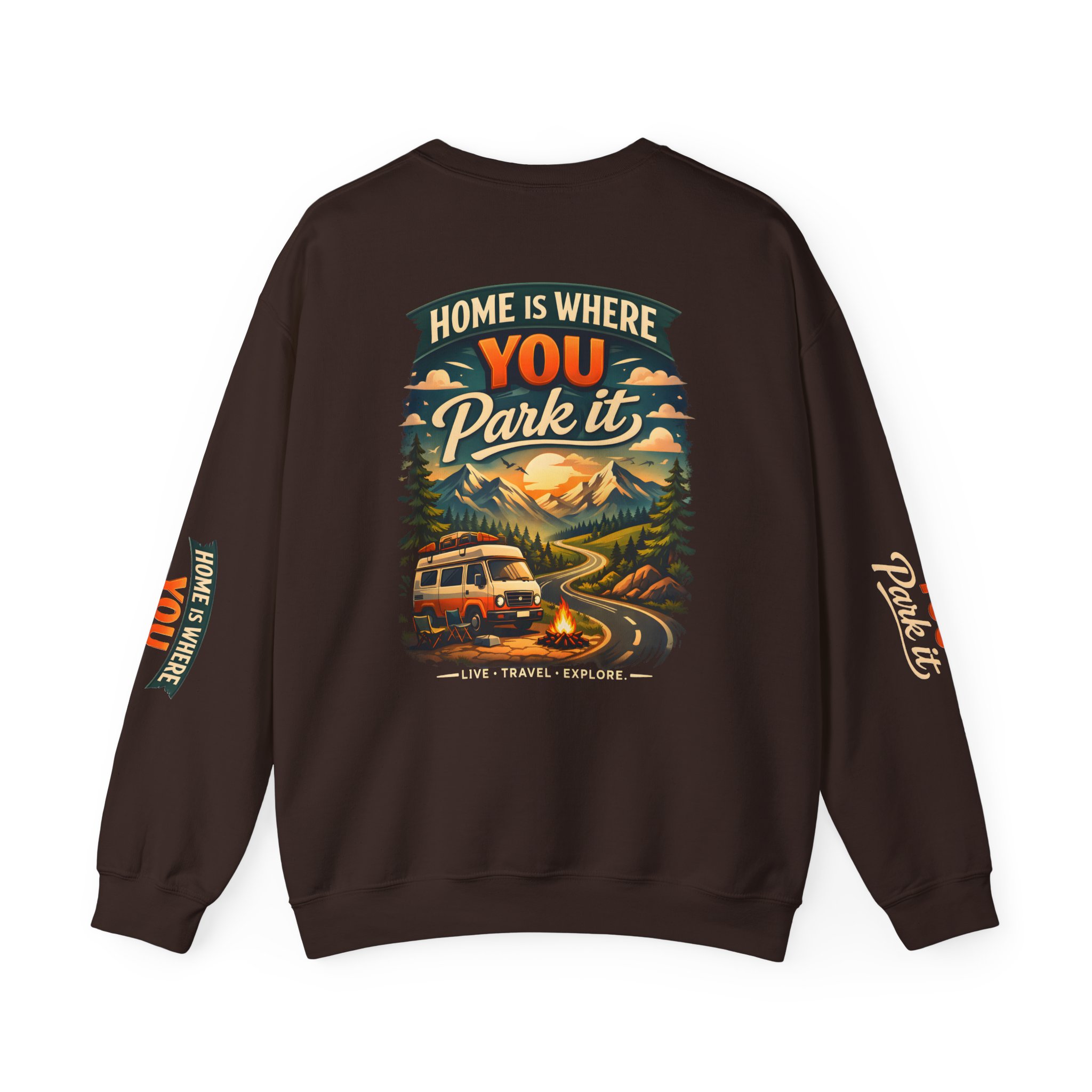 Unisex Heavy Blend™ Crewneck Sweatshirt — "Home Is Where You Park It" Design Scenic-Line