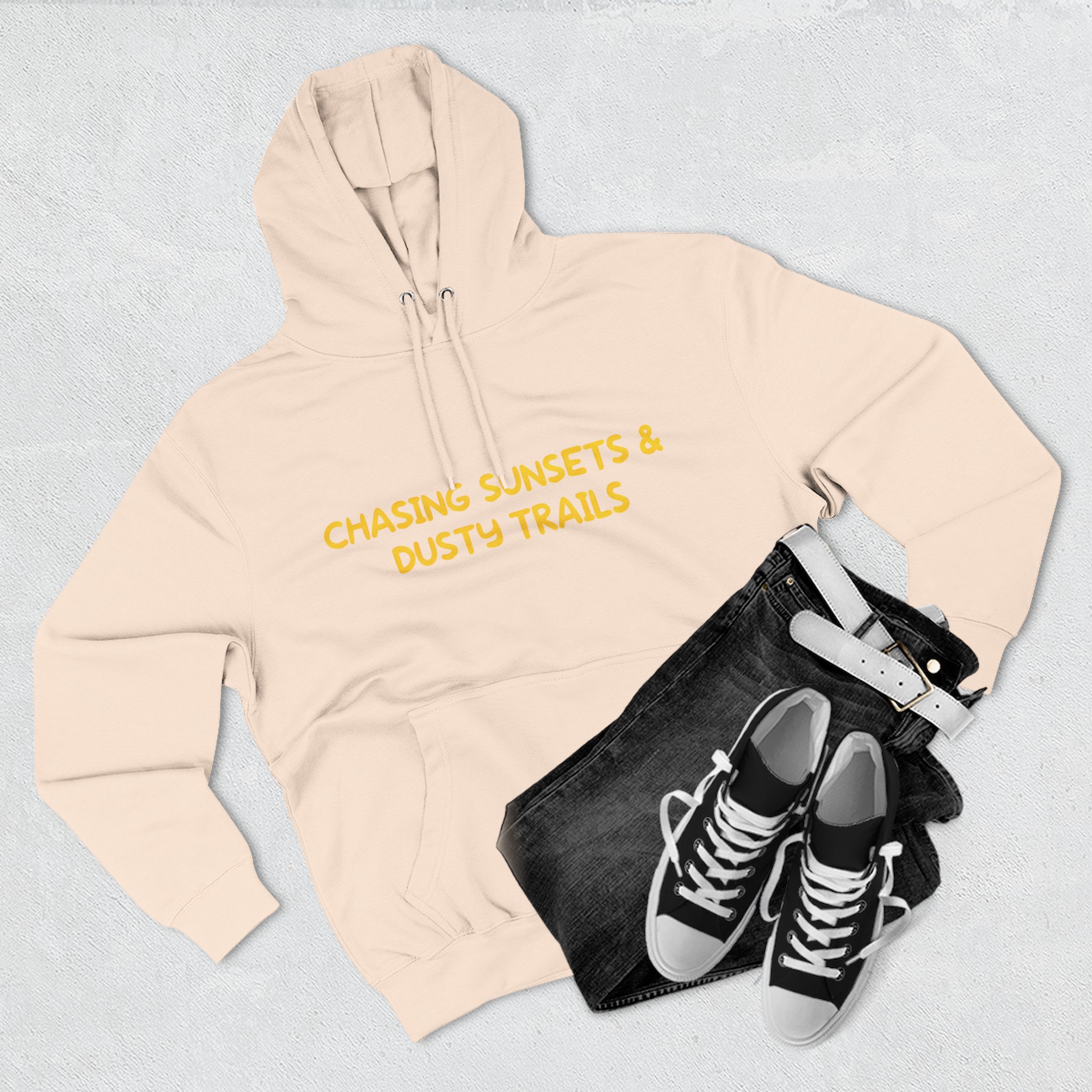 Three-Panel Fleece Hoodie - "Chasing Sunsets And Dusty Trails" Design Sitcom-Line