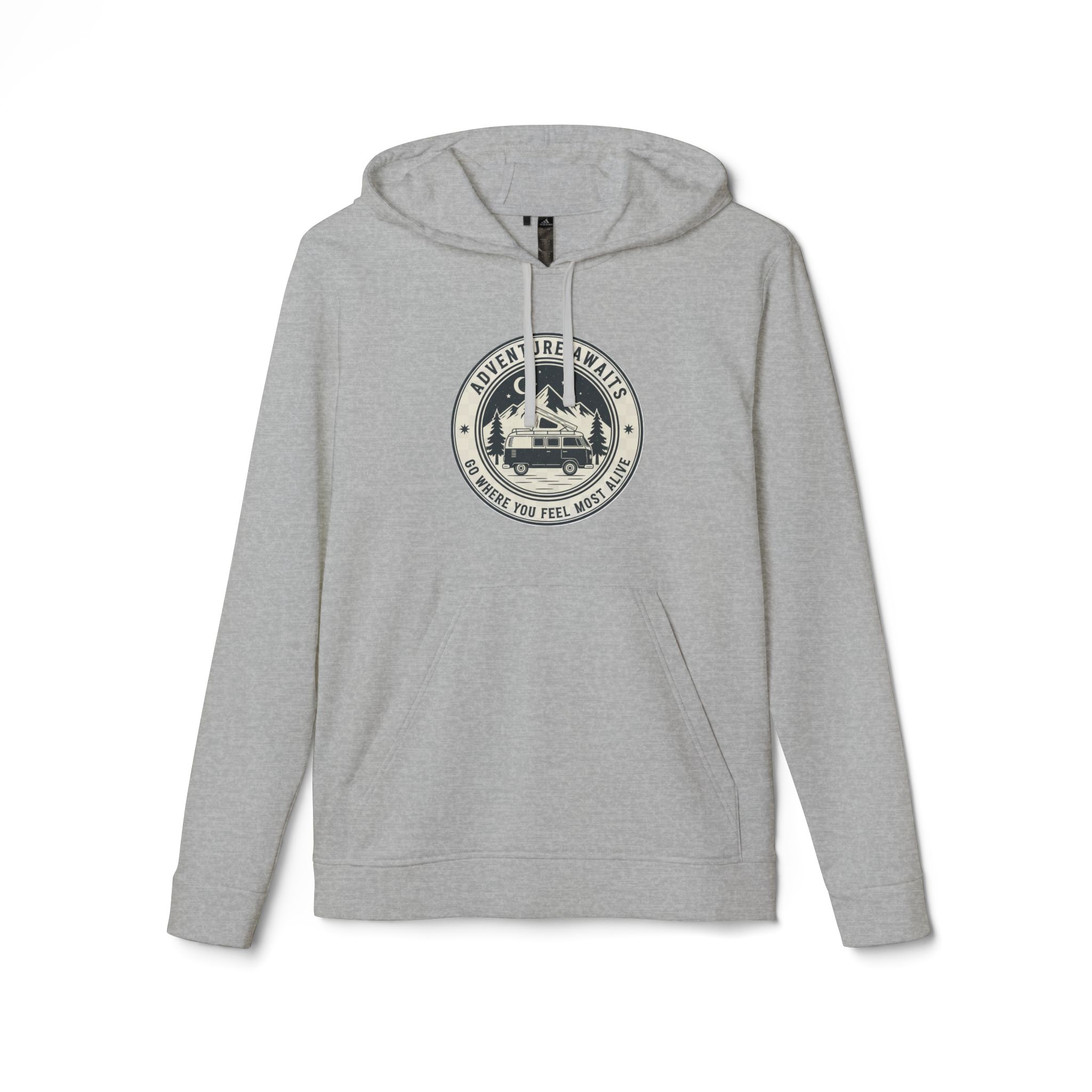 Hoodie(Adidas) — 'Adventure Awaits-Go Where You Feel Most Alive' Outdoor Travel Pullover (Only Front Printed)