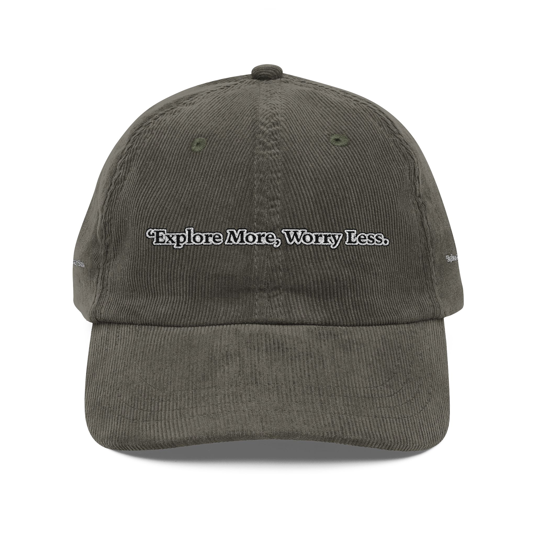 Vintage Corduroy Cap (Embroidery) — "Explore More Worry Less" Embroidered Hat