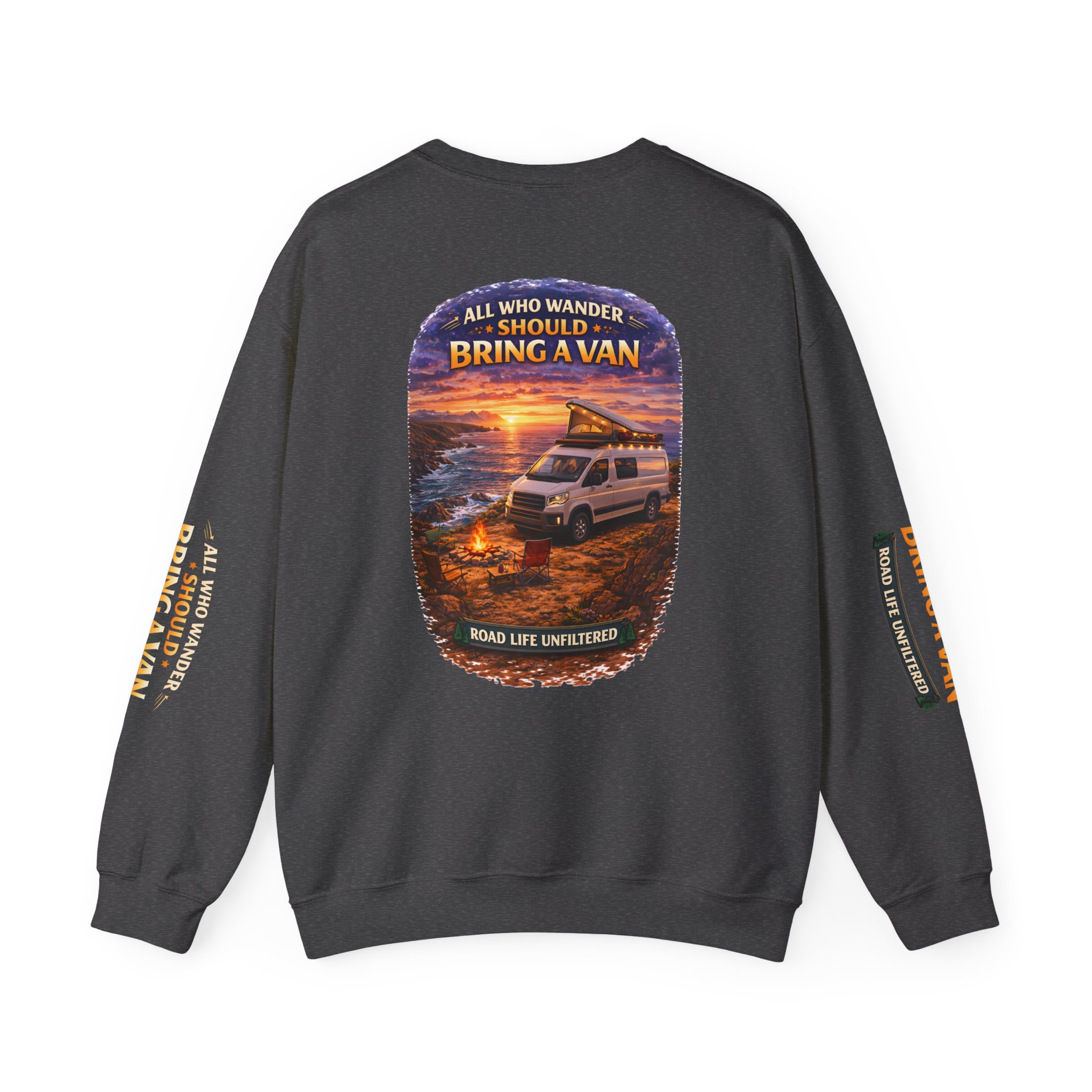 Unisex Heavy Blend™ Crewneck Sweatshirt — "All Who wander Should Bring A Van" Design Scenic-Line