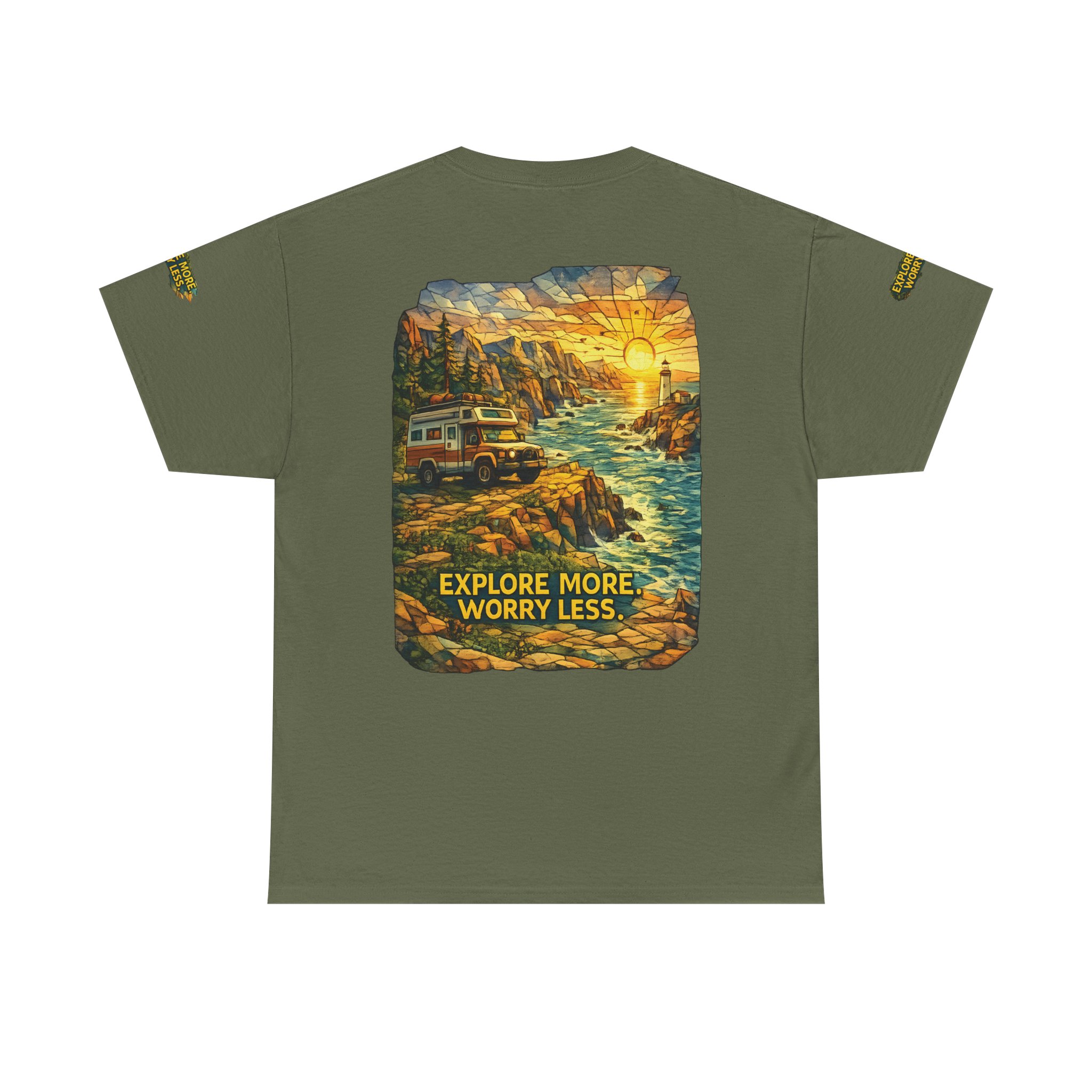 Unisex Heavy Cotton Tee — "Explore More Worry Less" Design Cubic-Line