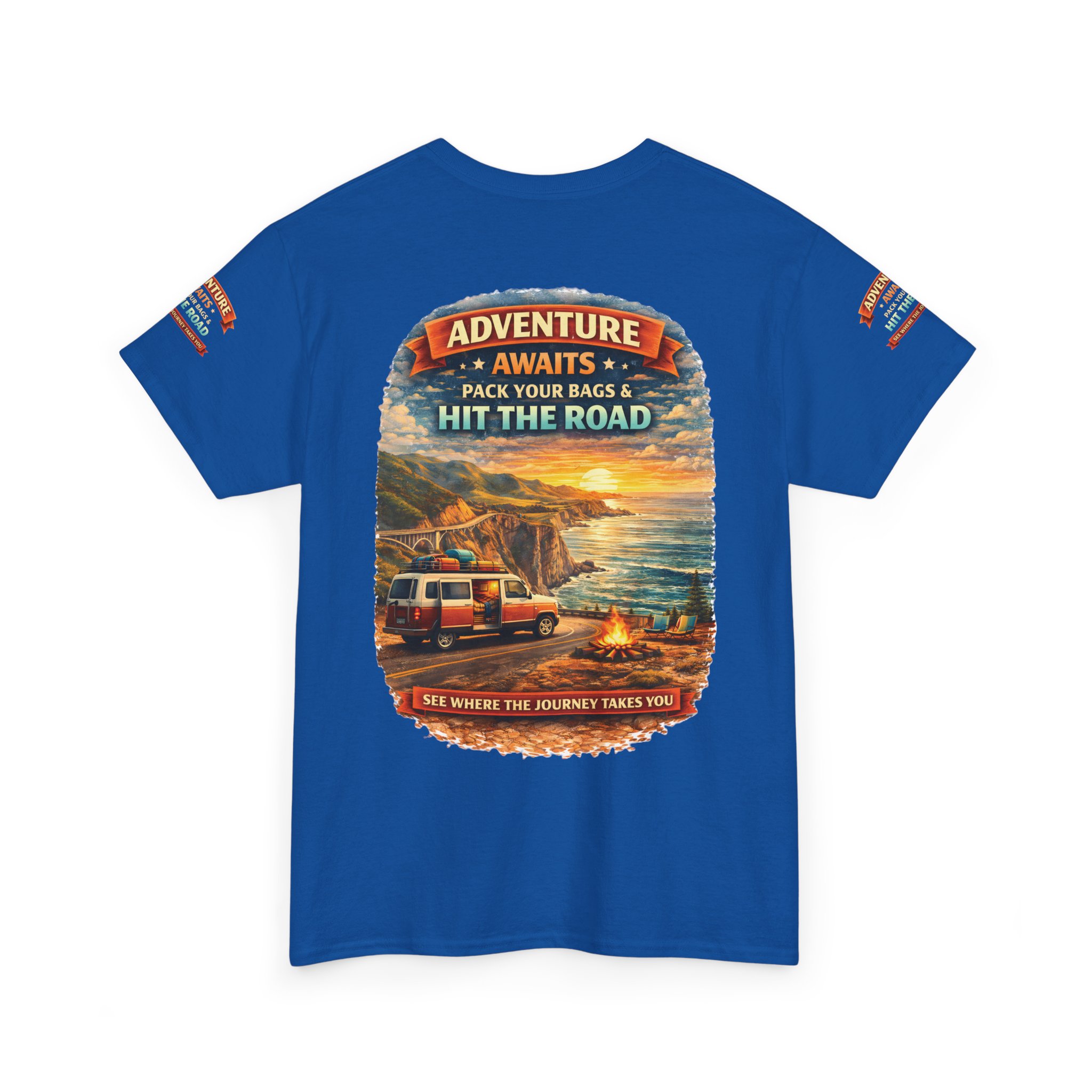 Unisex Heavy Cotton Tee — "Adventure Awaits-Pack Your Bags" Design Scenic-Line