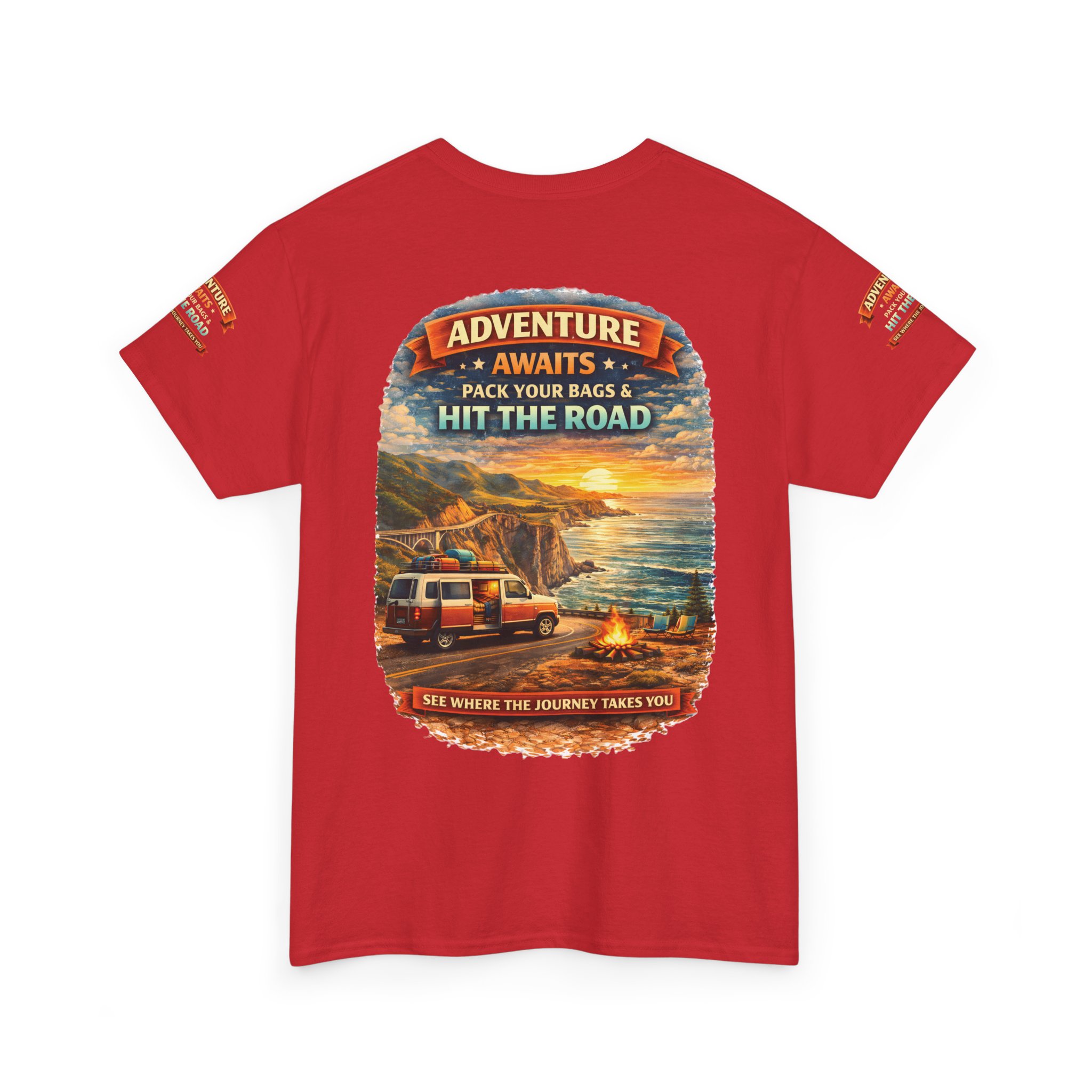 Unisex Heavy Cotton Tee — "Adventure Awaits-Pack Your Bags" Design Scenic-Line