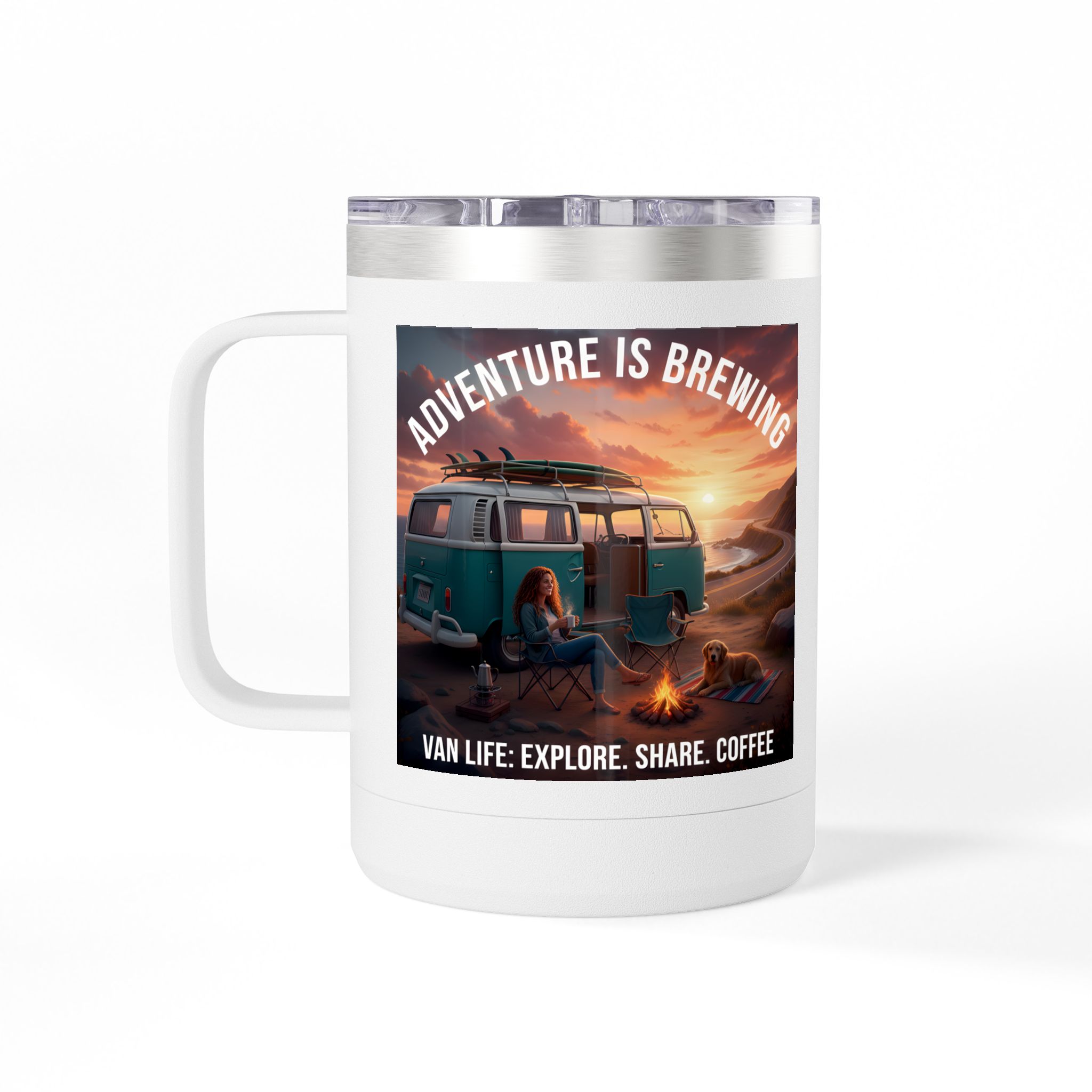 Coffee Mug Tumbler, 15oz-- "Adventure Is Brewing"