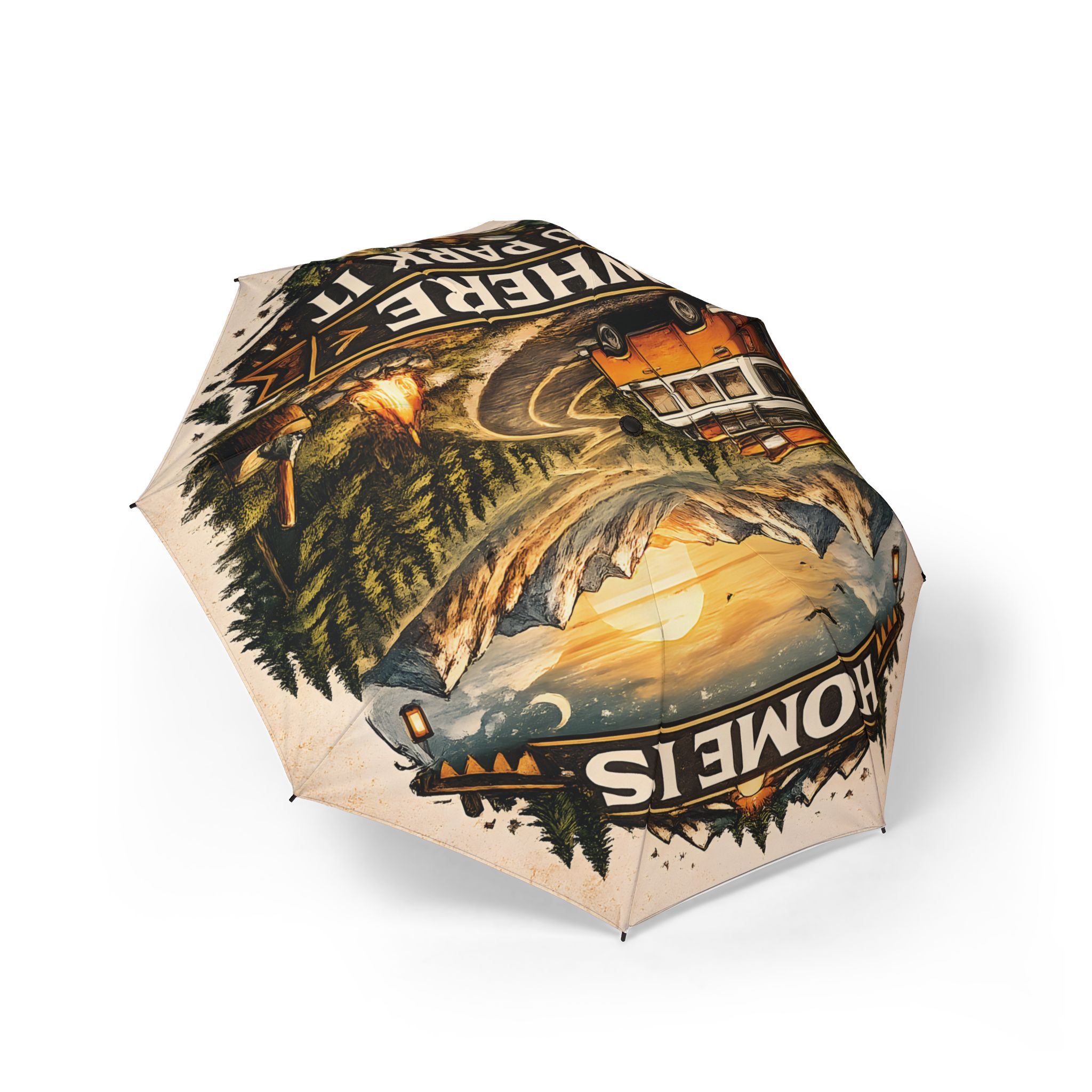 Semi-Automatic Foldable Umbrella — "Home Is Where You Park It" Vintage Adventure Print