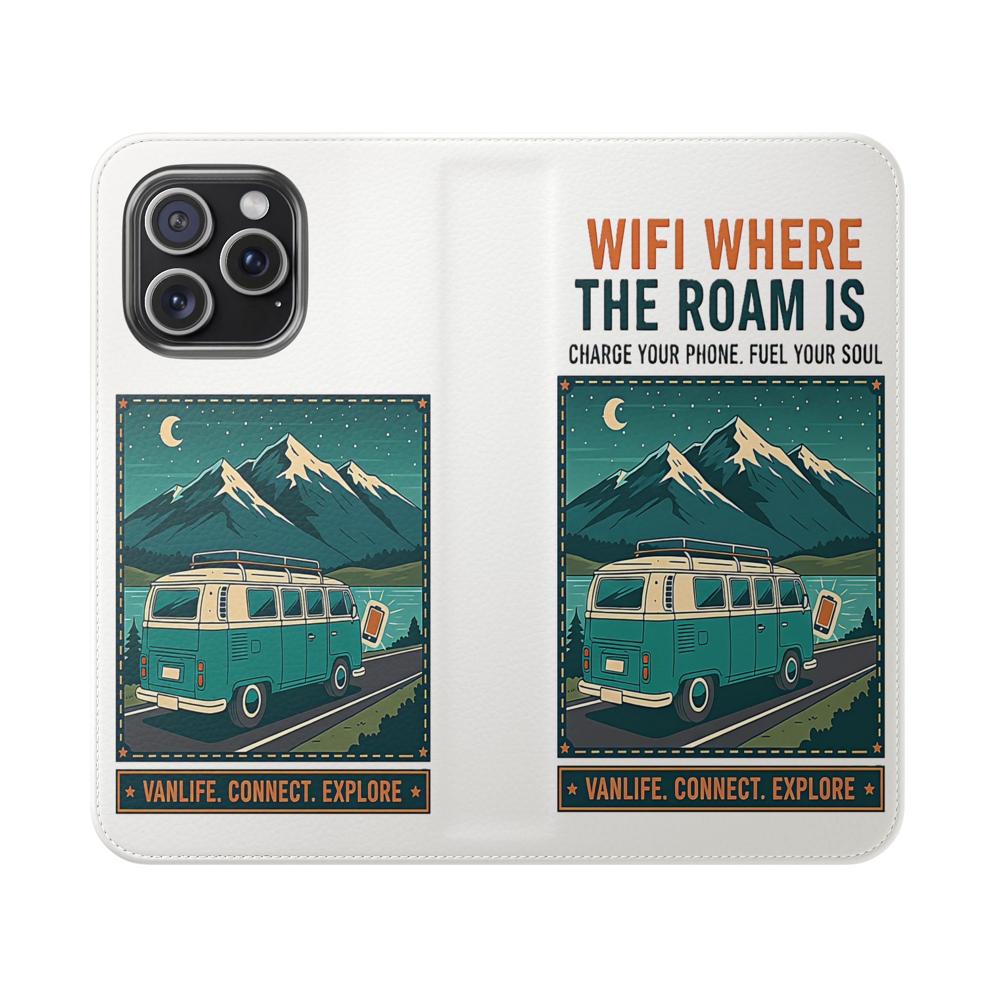 Flip Phone Case — “WiFi Where the Roam Is” Vanlife Wallet Case