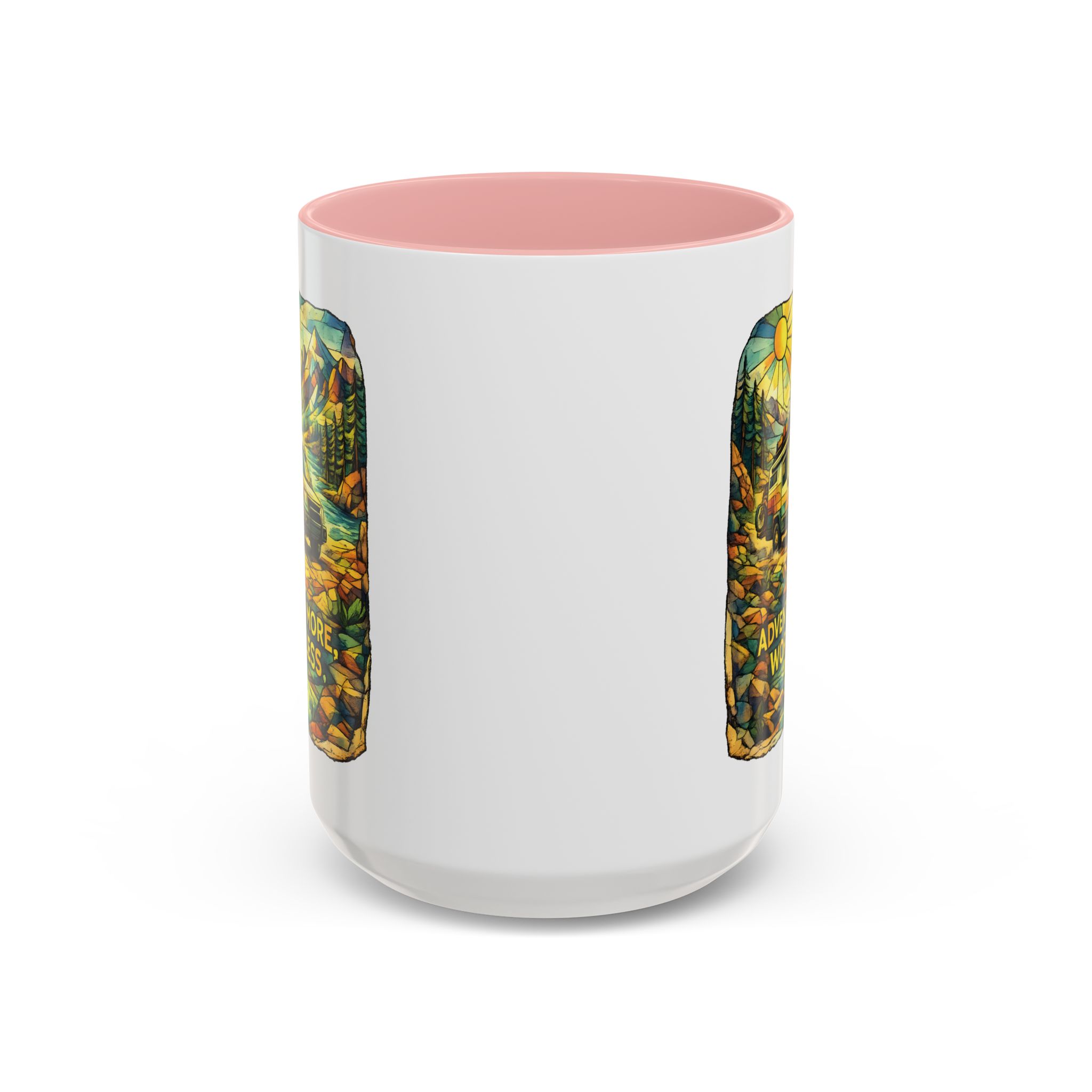 Accent Coffee Mug (11, 15oz) — "Adventure More Worry Less" Design Cubic-Line