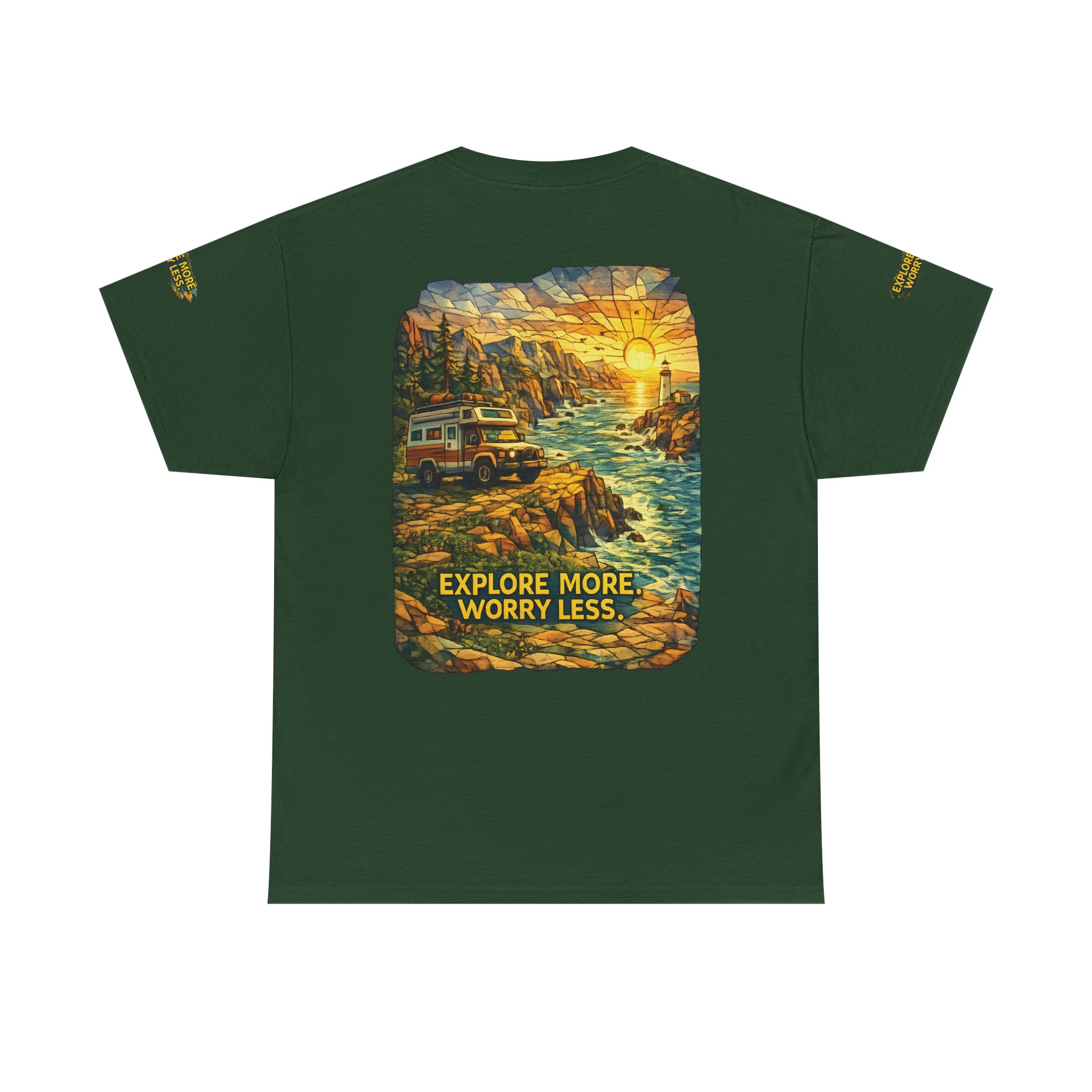 Unisex Heavy Cotton Tee — "Explore More Worry Less" Design Cubic-Line
