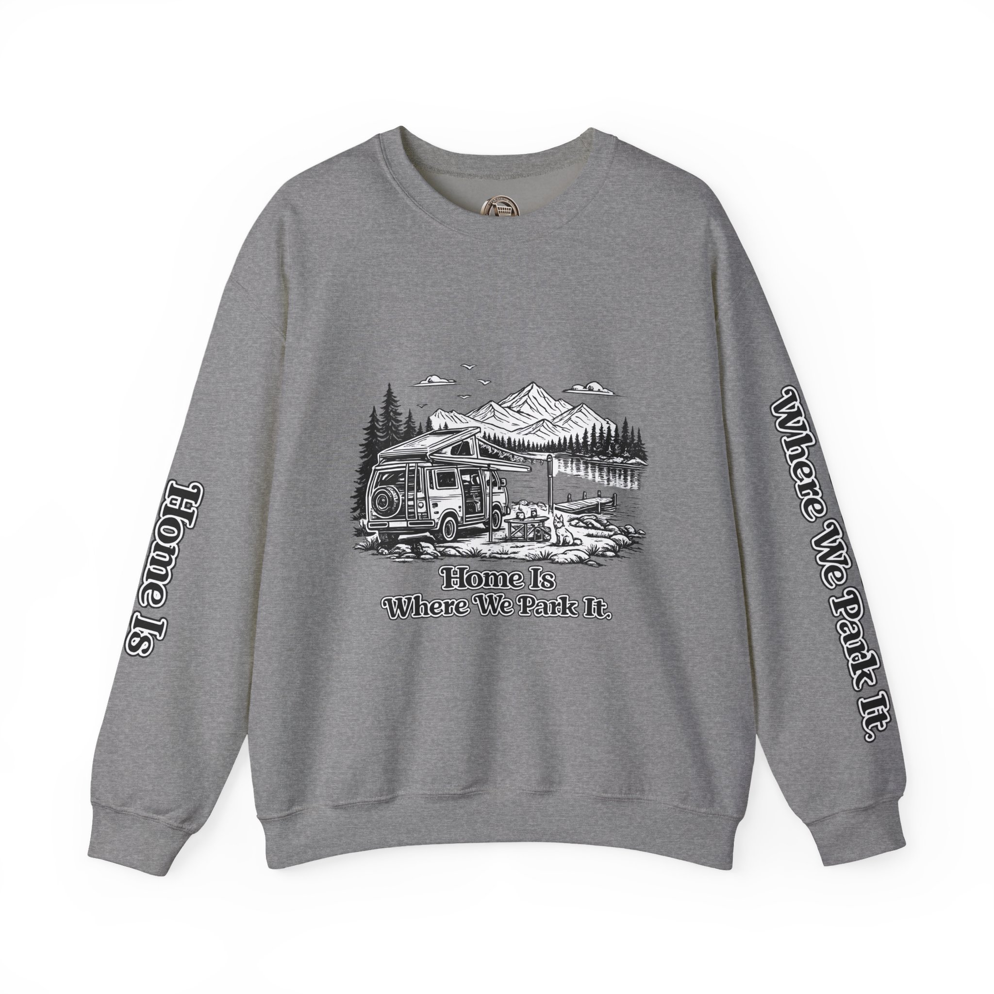Unisex Heavy Blend™ Crewneck Sweatshirt — "Home Is Where You Park It" Design Minimal-Line