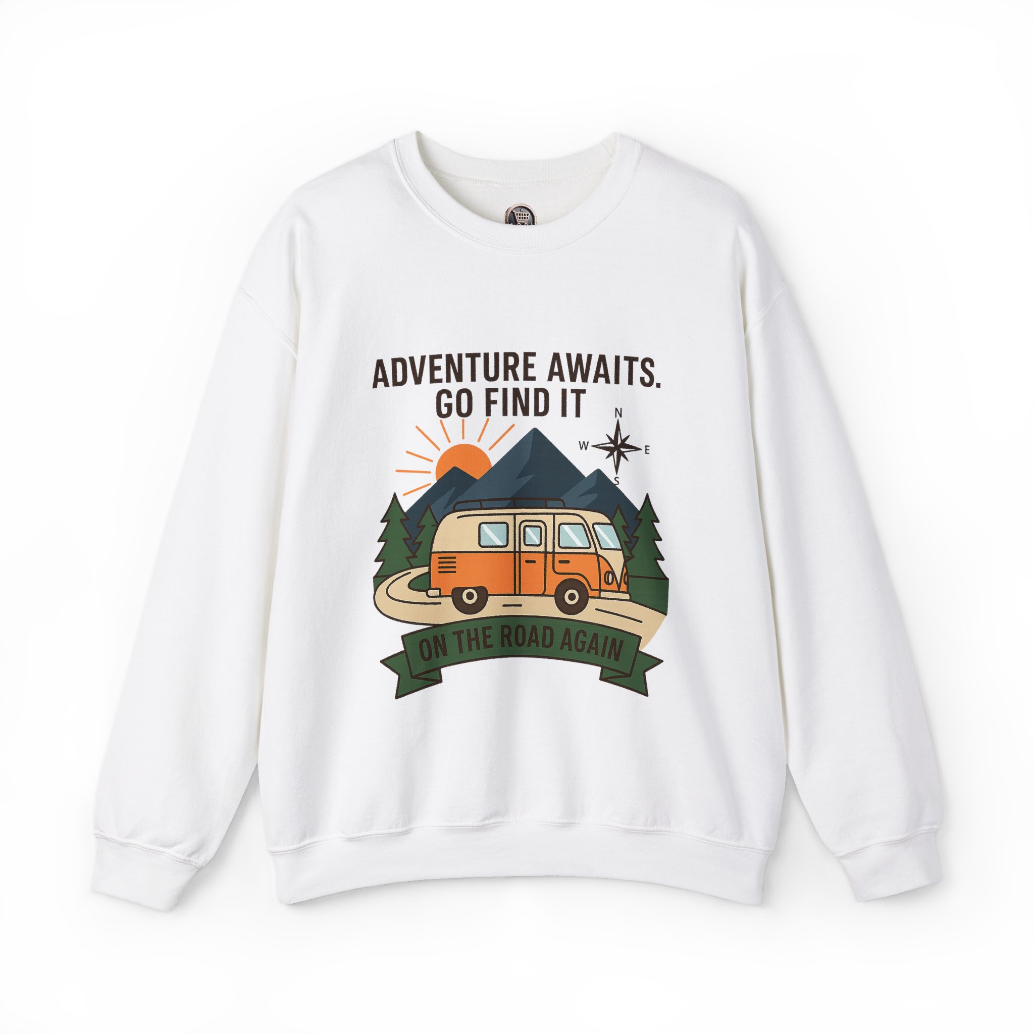 7942582278487444638_2048.jpeg Crewneck Sweatshirt - "Adventure Awaits On The Road Again" Vintage Camper Van