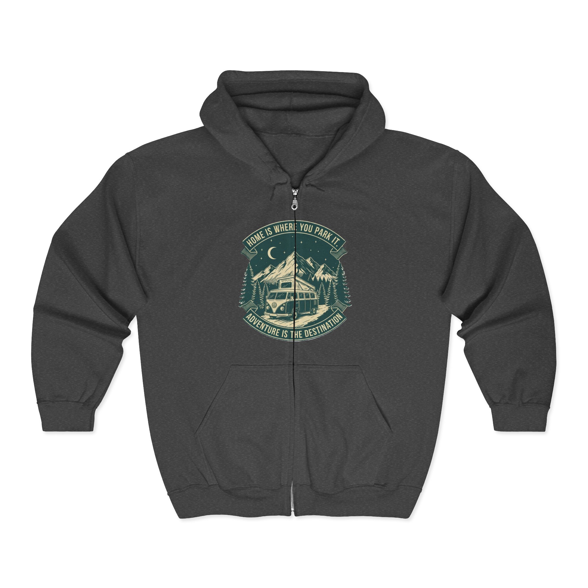 Zip Hoodie — "Home Is Where You Park It-Adventure is the destination"(Only Front Printed) Camper Van Adventure Zip-Up