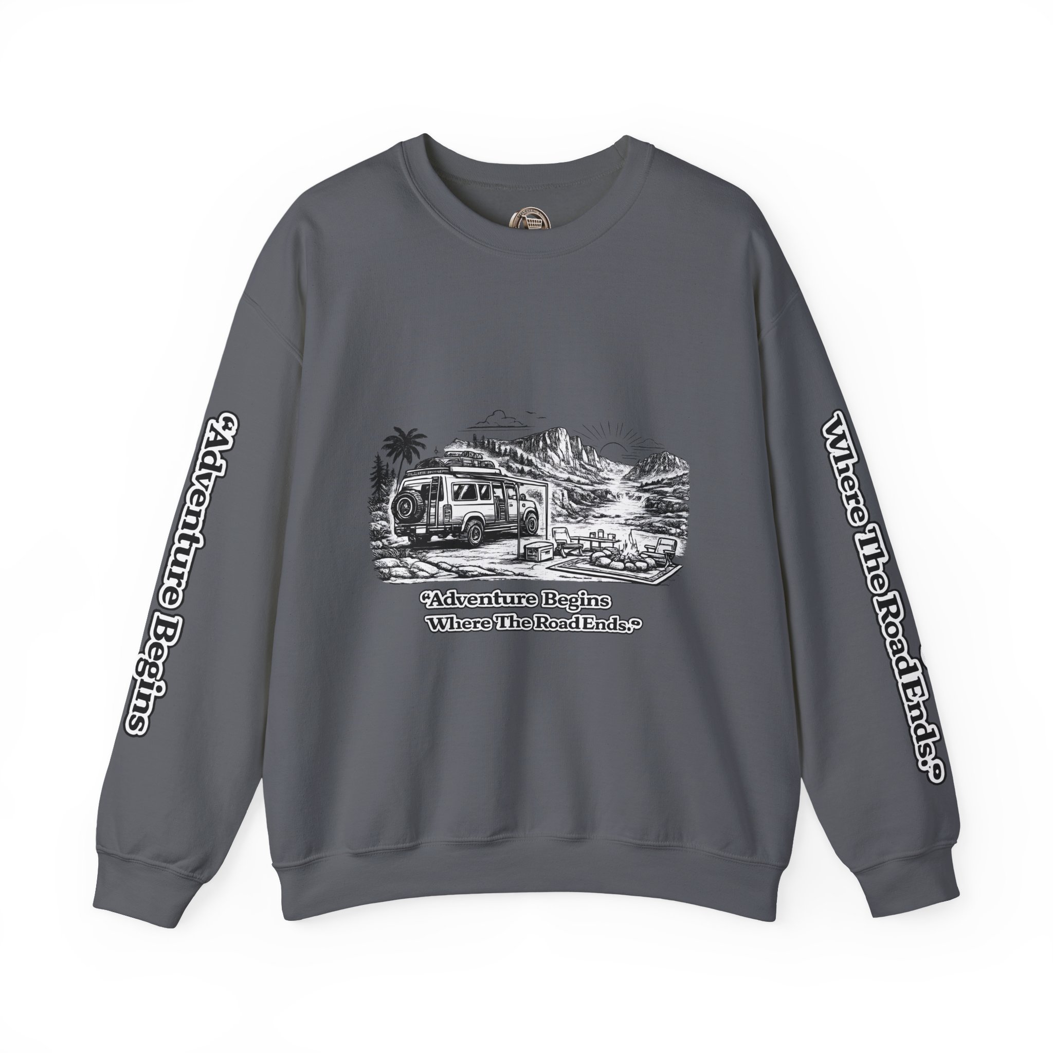 7962592995707873783_2048.jpeg Unisex Heavy Blend™ Crewneck Sweatshirt — "Adventure Begins Where The Road Ends" Design Minimal-Line