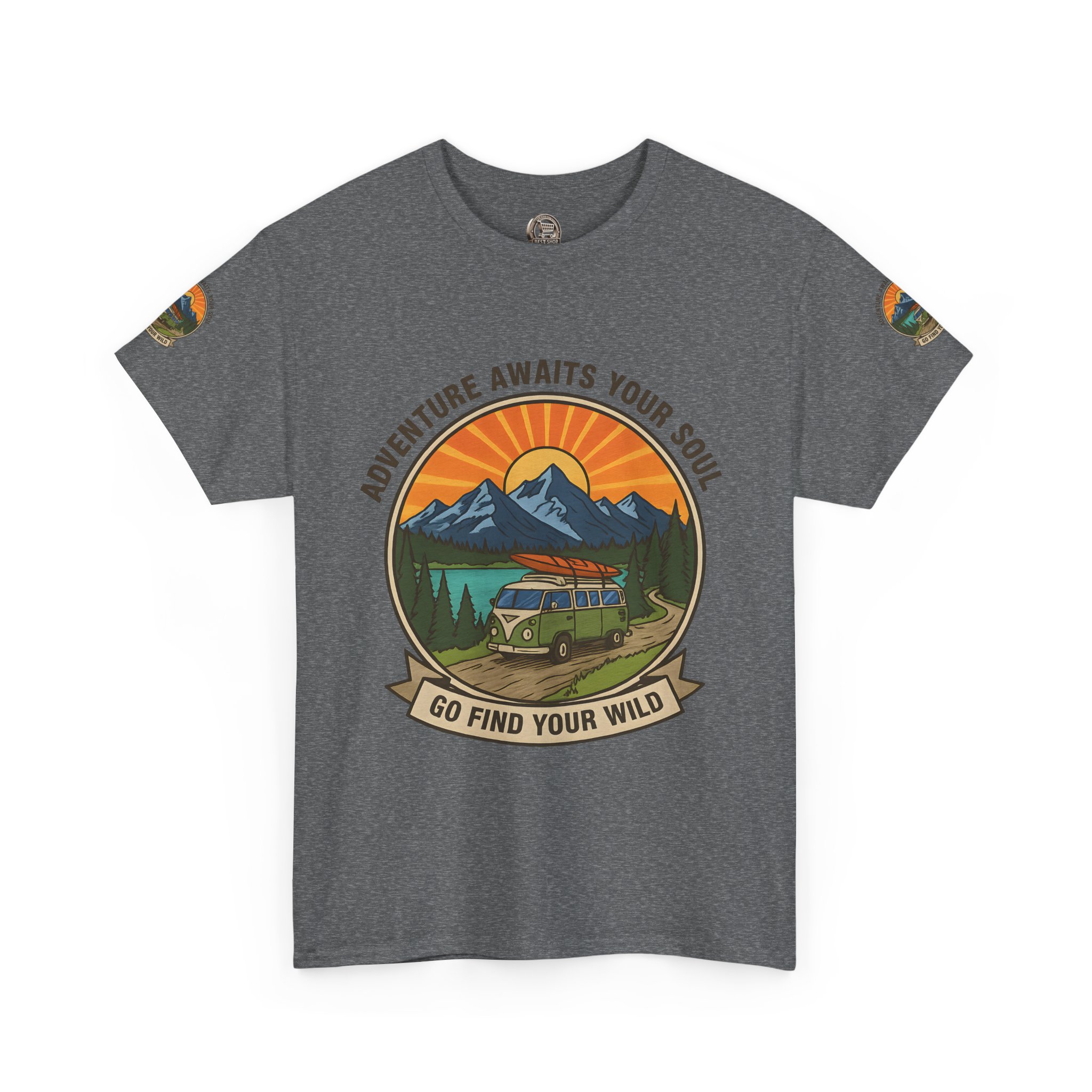Unisex Heavy Cotton Tee — “Adventure Awaits Your Soul: Go Find Your Wild” Van & Mountain Graphic