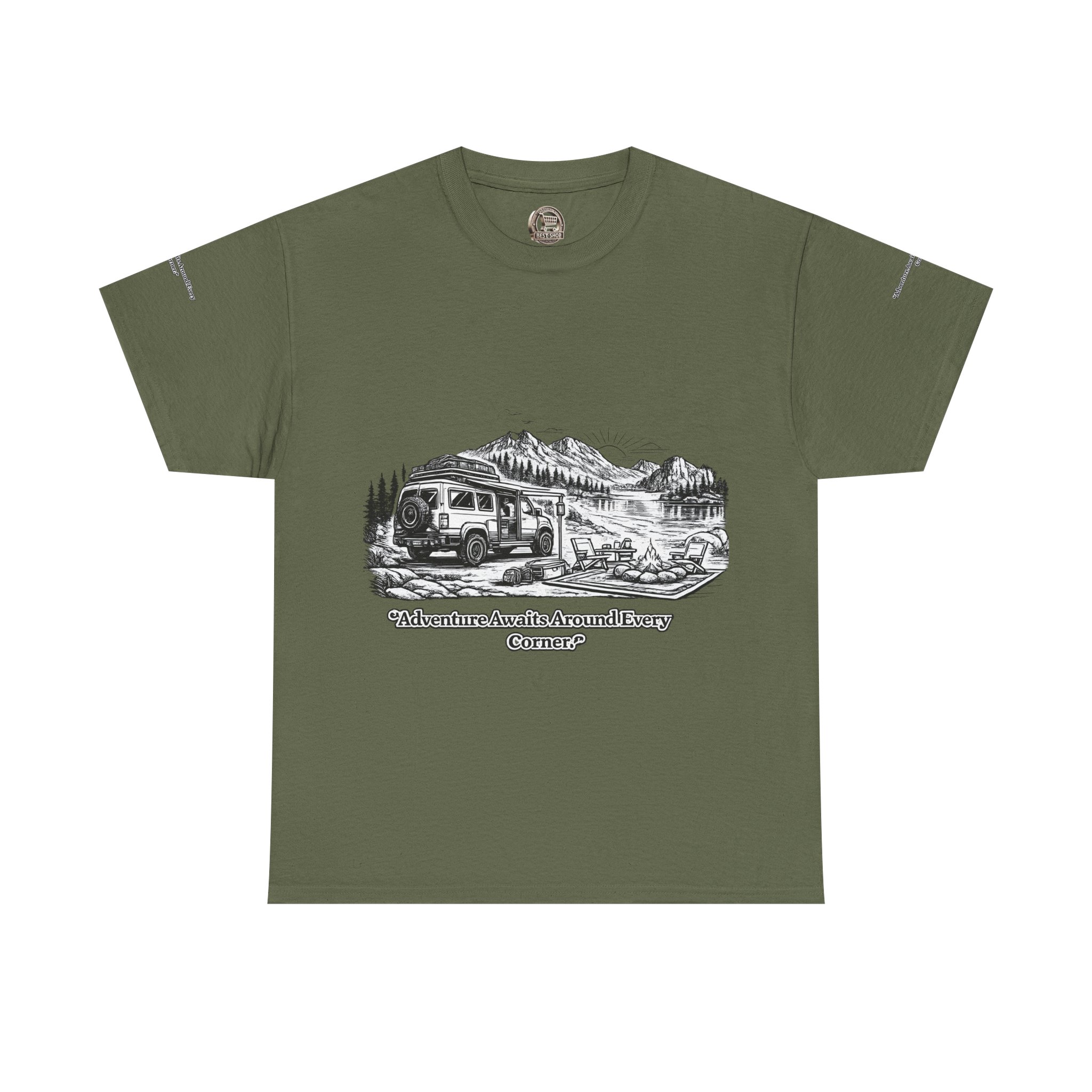 Unisex Heavy Cotton Tee — "Adventure Awaits Around Every Corner" Design Minimal-Line