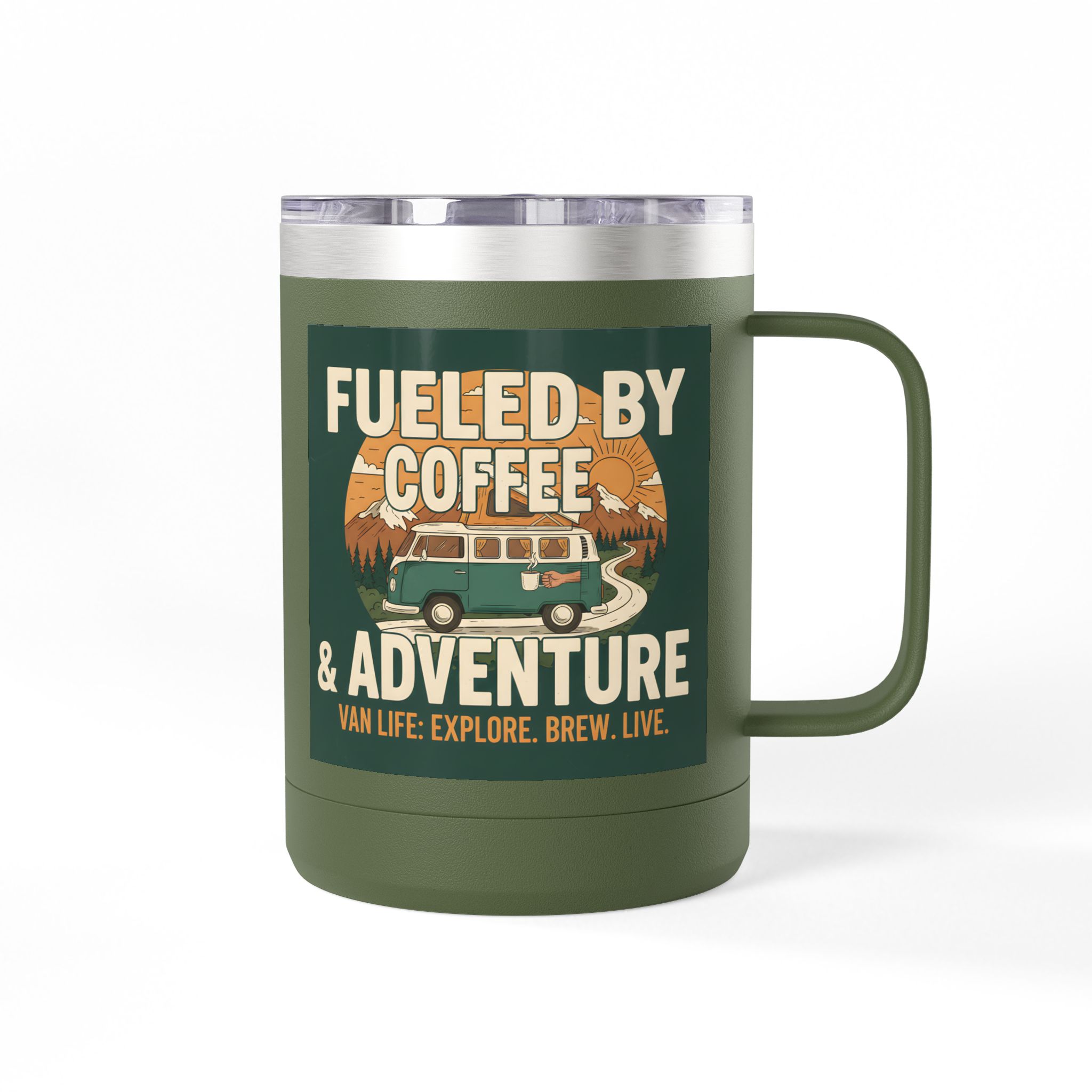 Coffee Mug Tumbler, 15oz — "Fueled by Coffee & Adventure"