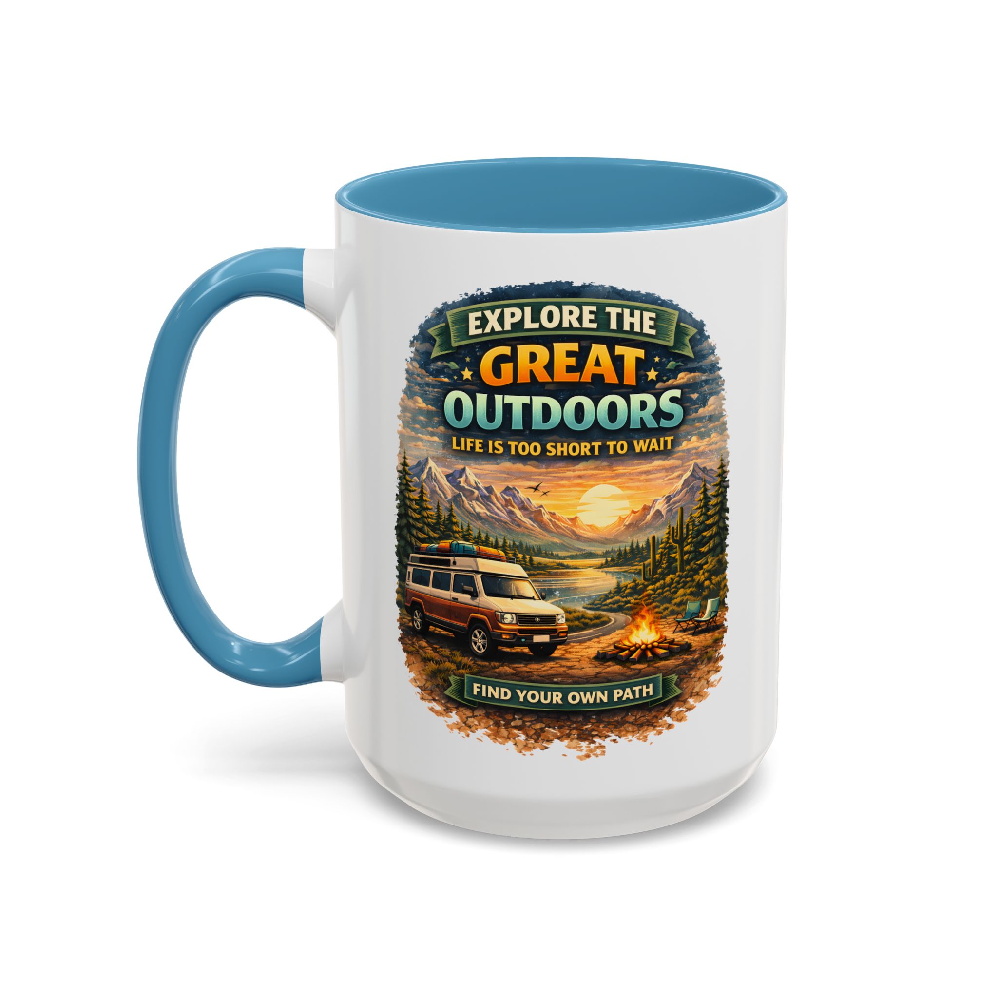 Accent Coffee Mug (11, 15oz) — "Explore The Great Outdoors" Design Scenic-Line