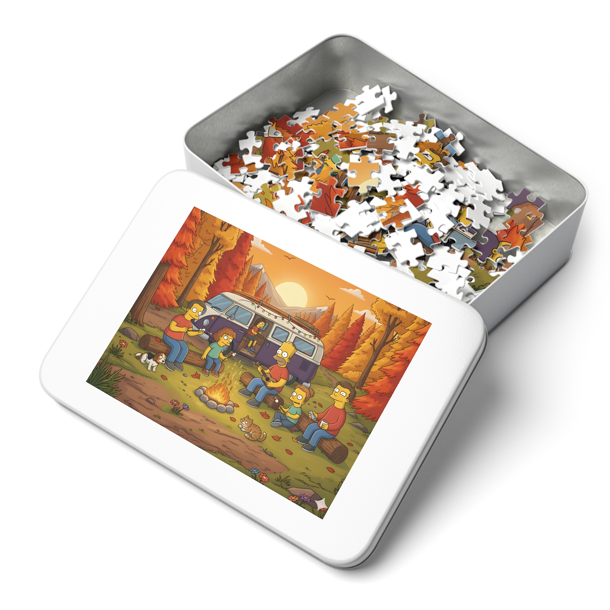 Jigsaw Puzzle with Tin — Autumn Van Bonfire Scene