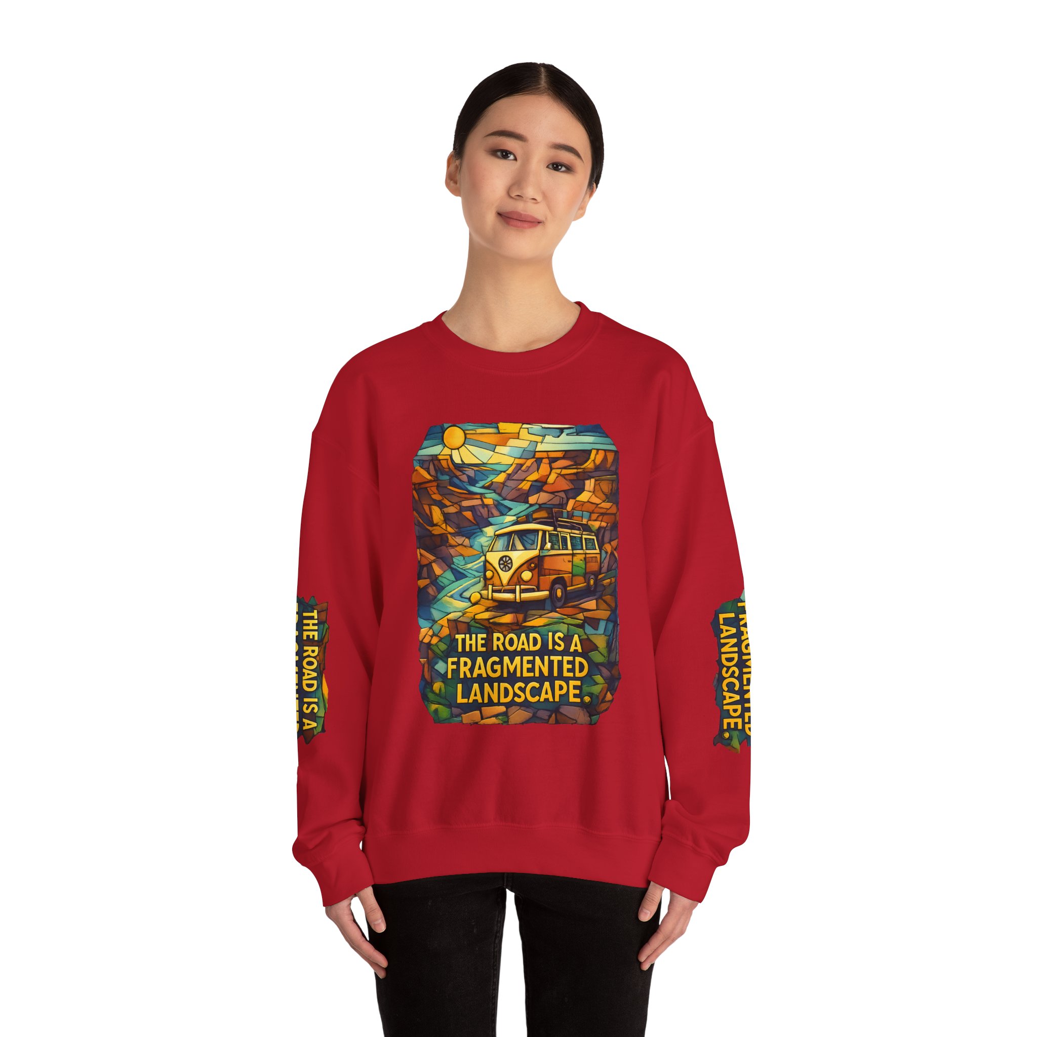 Unisex Heavy Blend™ Crewneck Sweatshirt — "The Road Is A Fragmented Landscape" Design Cubic-Line
